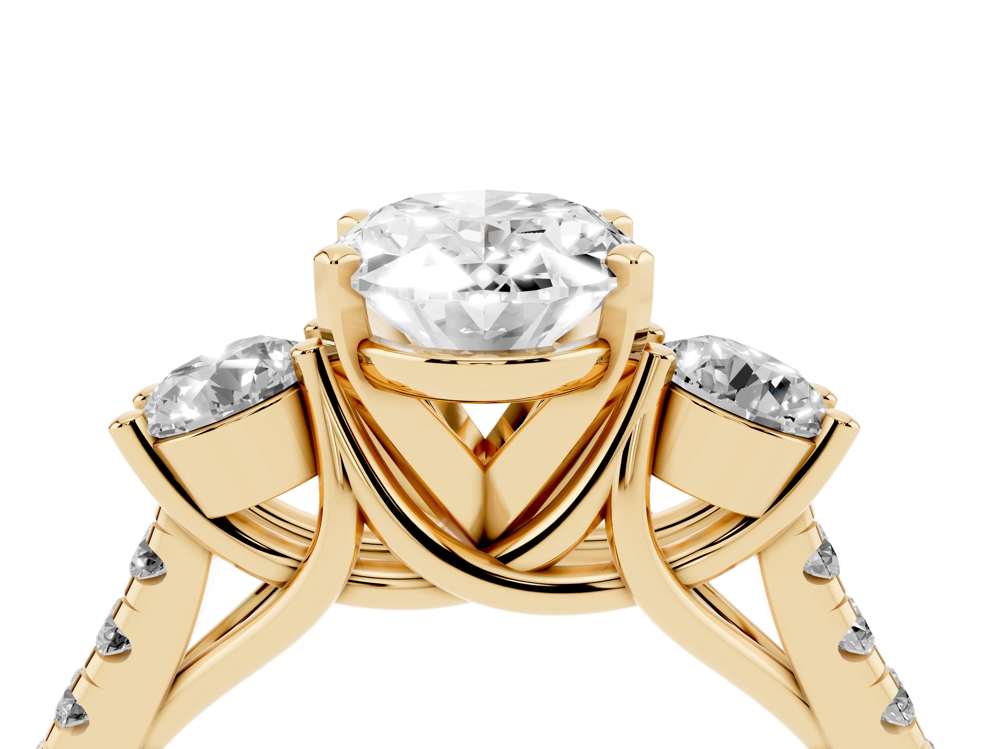 Three-Stone Oval Cut Diamond Pavé Band Ring Set in Yellow gold with Prong-Set Trio