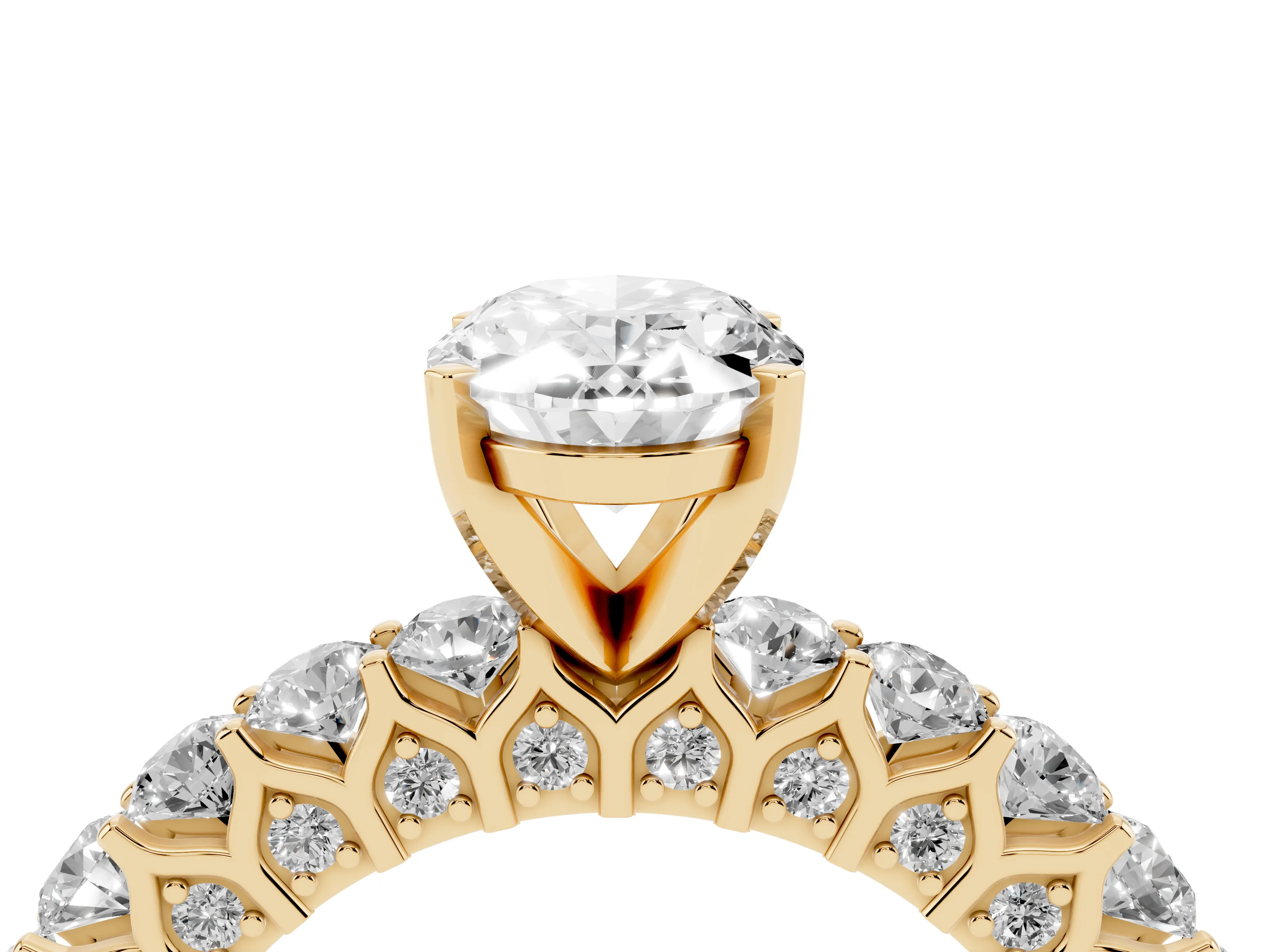 Oval Cut Diamond Solitaire Ring Set in Yellow gold with Shared Prong Pavé Band