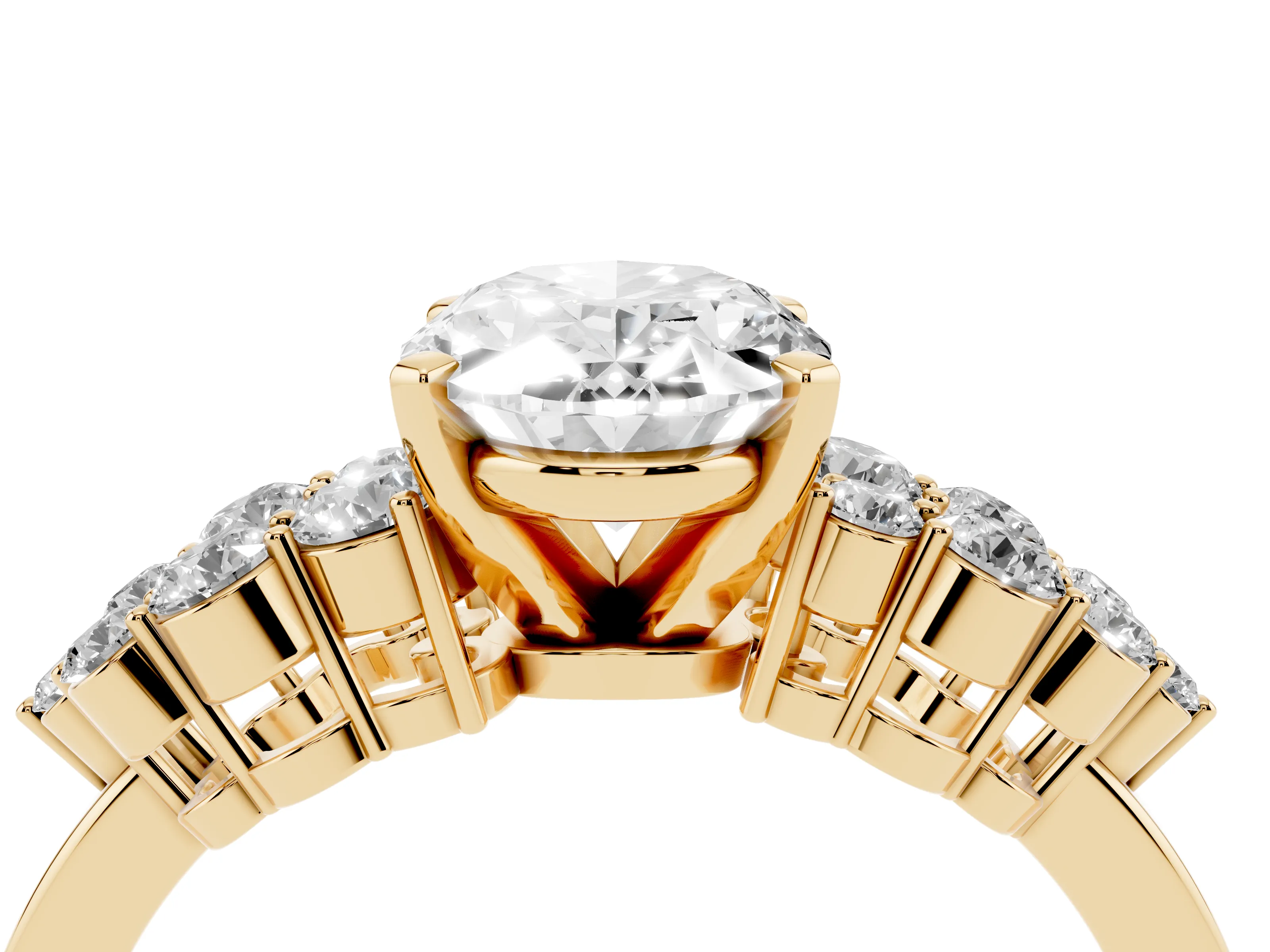 Oval Cut Diamond Cluster Engagement Ring Set in Yellow gold with Pavé Band and Prong Setting
