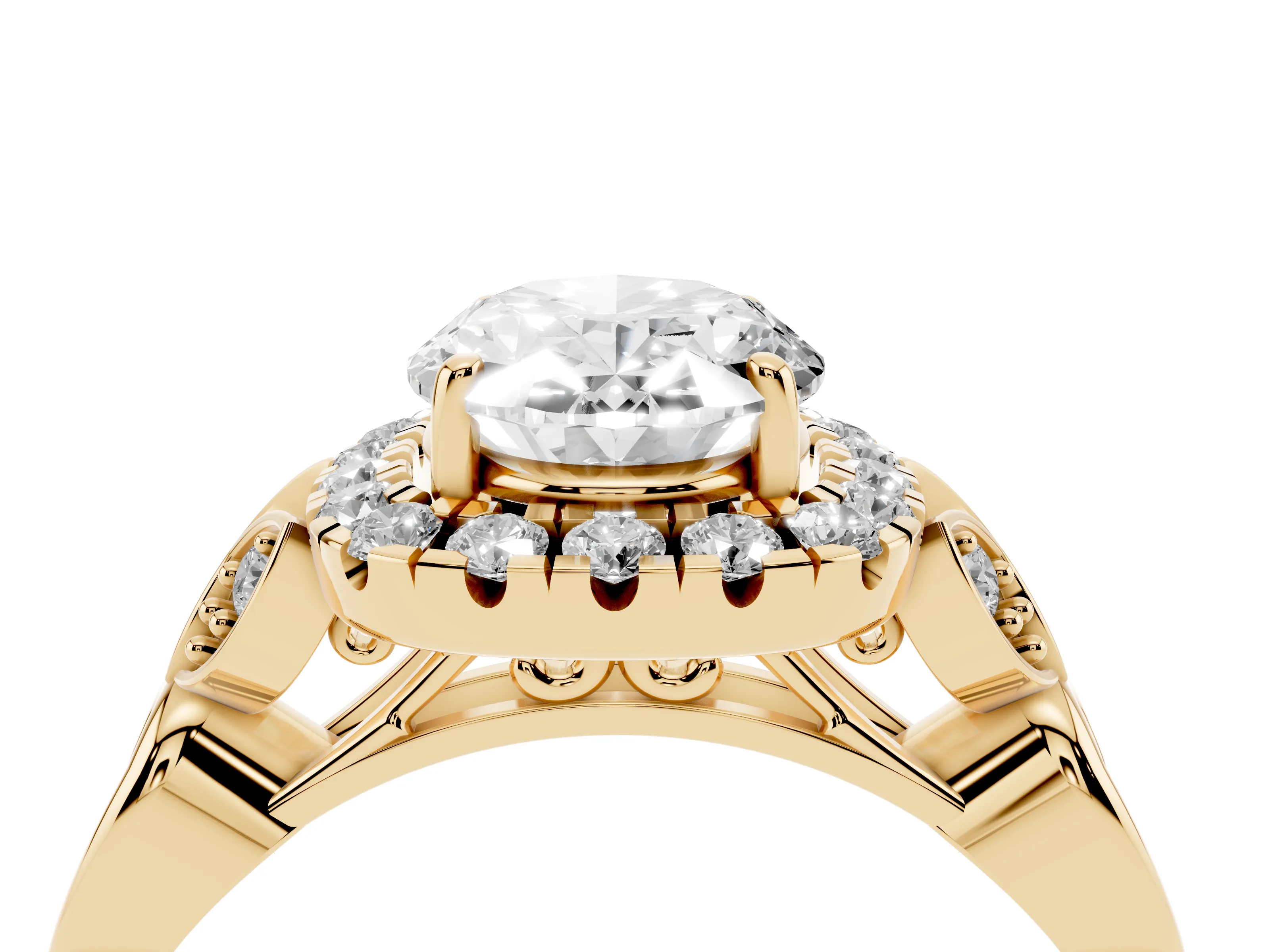 Oval Cut Diamond Halo Engagement Ring Set in Yellow gold with Vintage-Inspired Band and Prong Setting