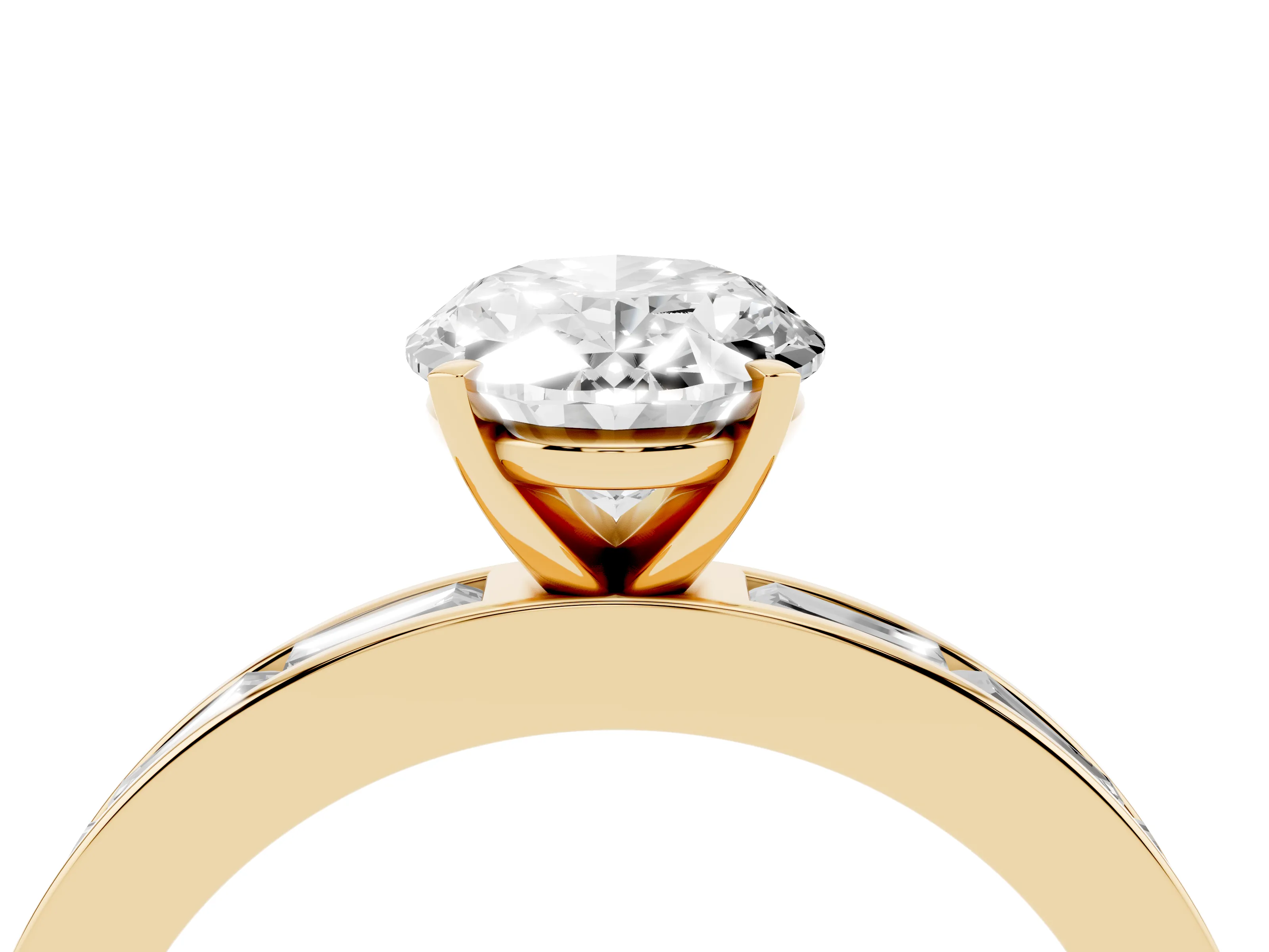 Oval Cut Diamond Solitaire Ring Set in Yellow gold with Channel-Set Baguette Band and Prong Setting