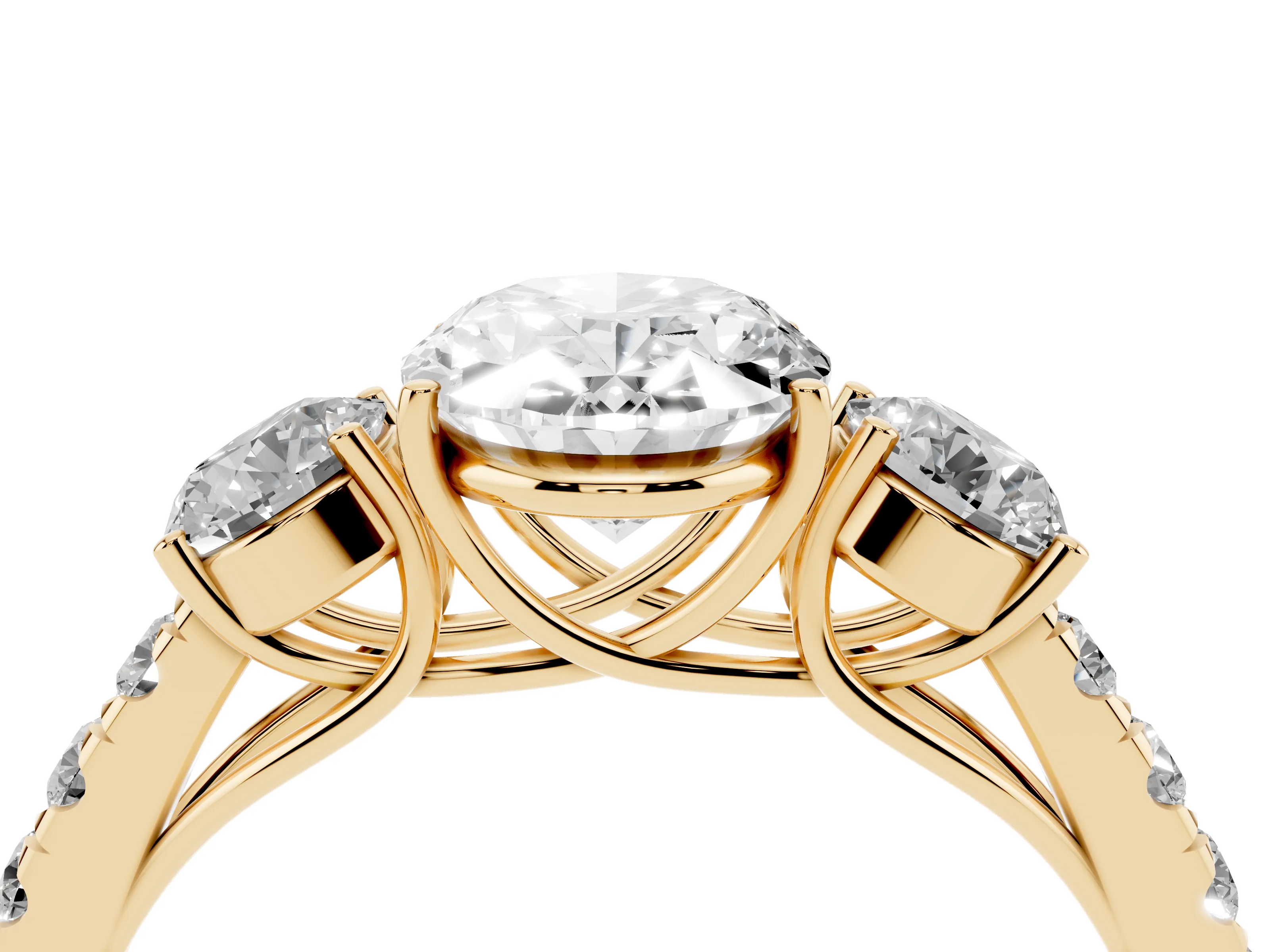 Oval Cut Diamond Three-Stone Ring Set in Yellow gold with Round Side Stones and Delicate Pavé Band