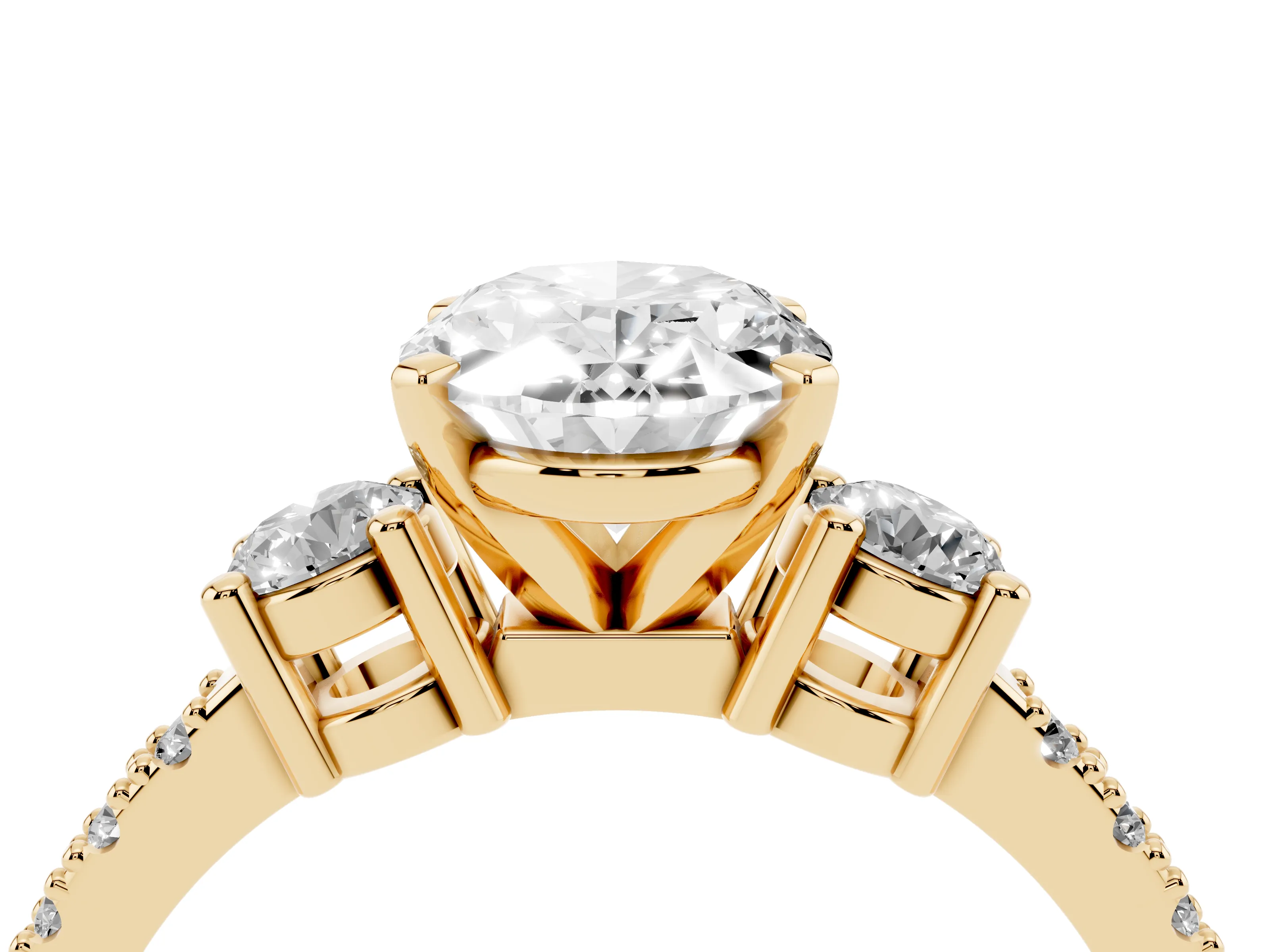 Three-Stone Oval Cut Diamond Pavé Band Ring Set in Yellow gold with Prong Setting