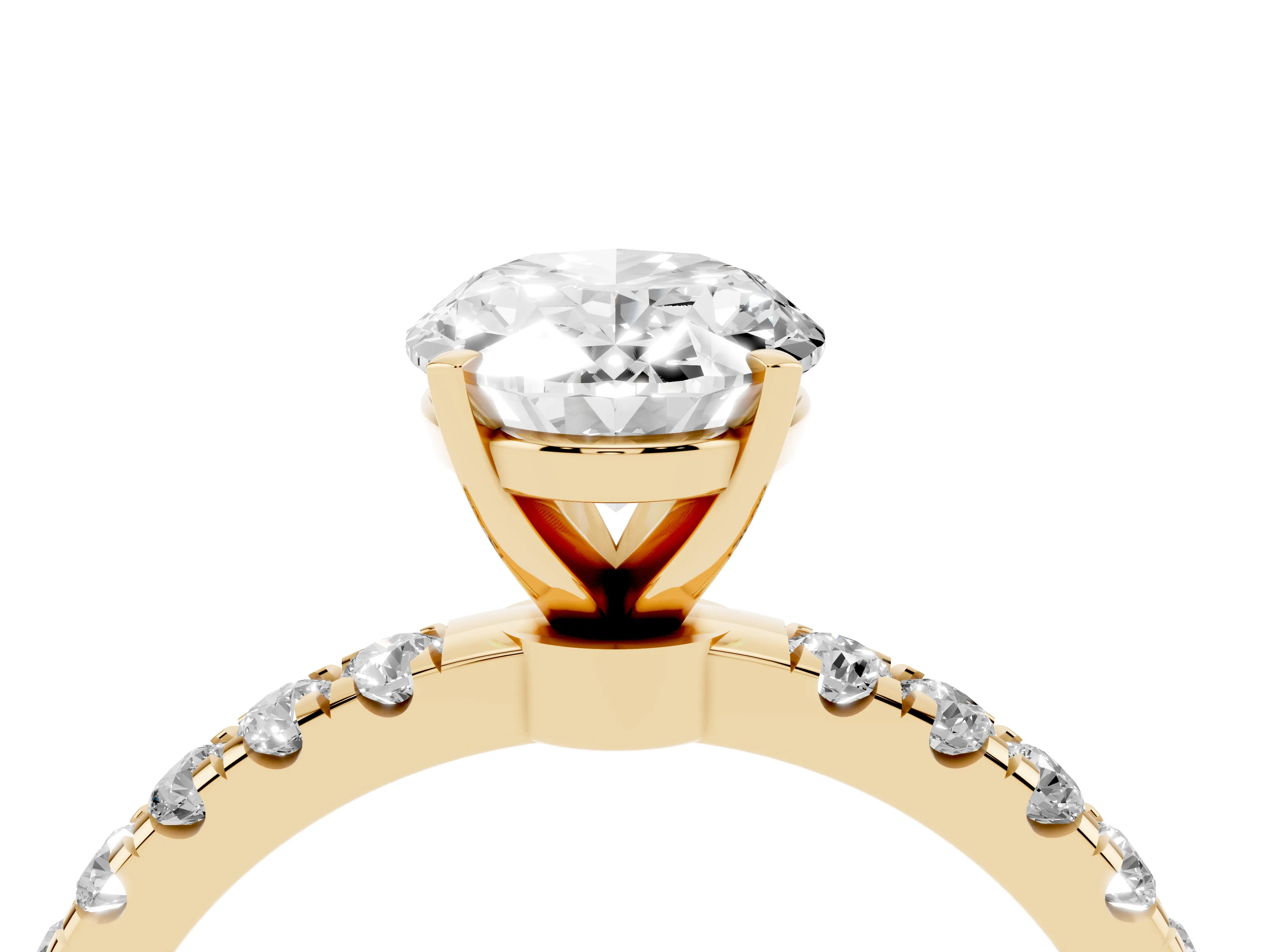 Oval Cut Diamond Solitaire Ring Set in Yellow gold with Pavé Accents and Prong Setting