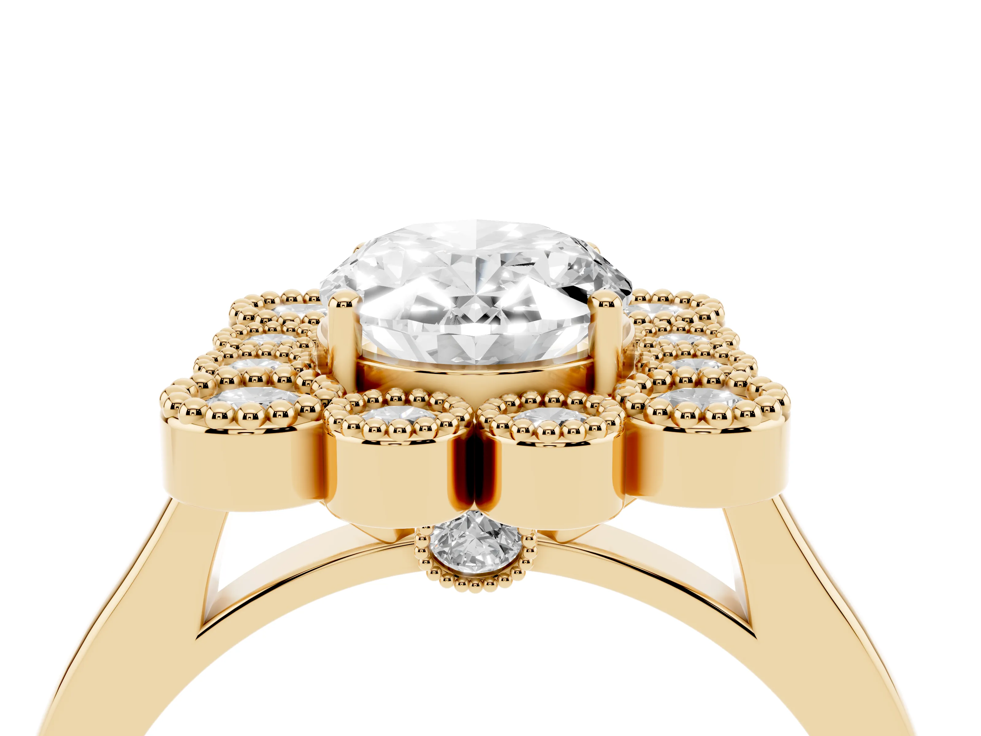 Oval Cut Diamond Cluster Halo Ring Set in Yellow gold with Milgrain Bezel Accents and Plain Band