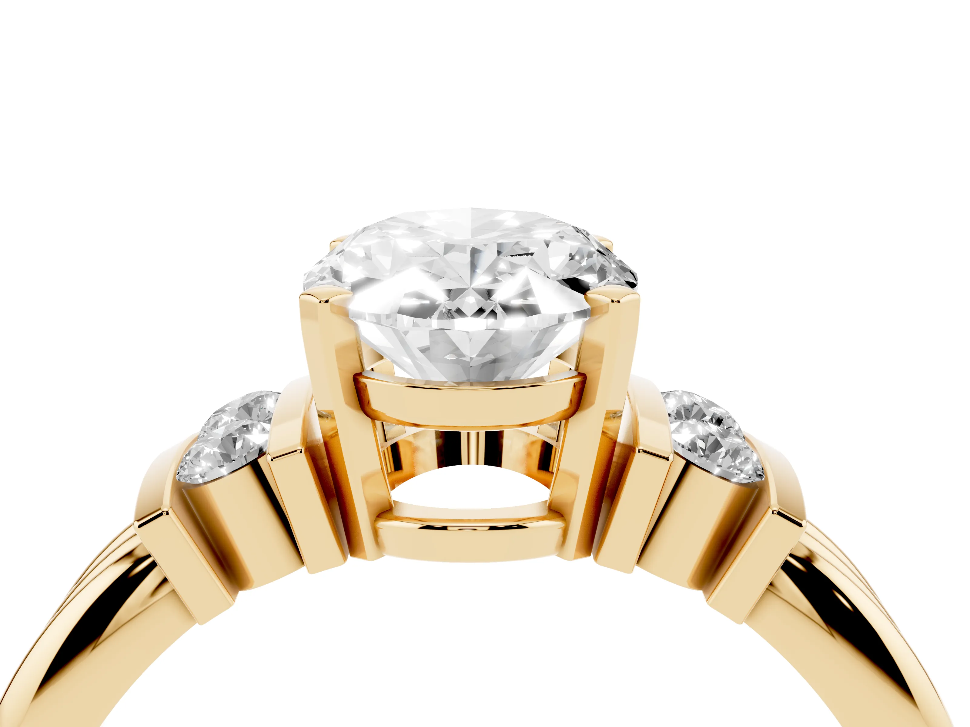 Three-Stone Oval Cut Diamond Channel Set Ring Set in Yellow gold with Bar Prongs