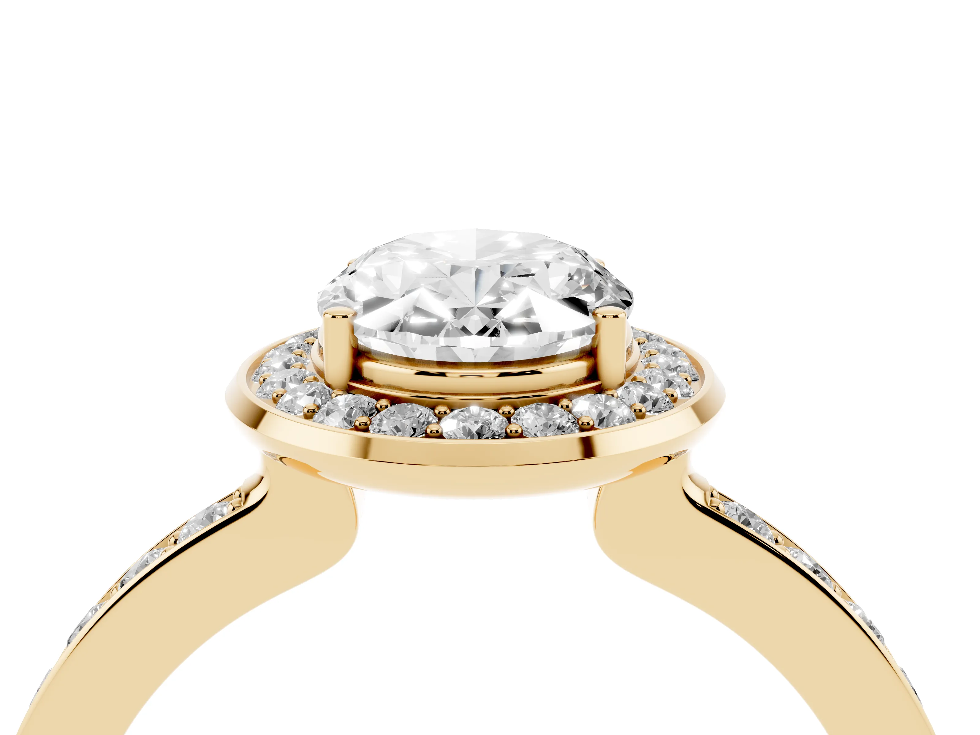 Oval Cut Diamond Halo Ring Set in Yellow gold with Bezel Frame and Pavé Band