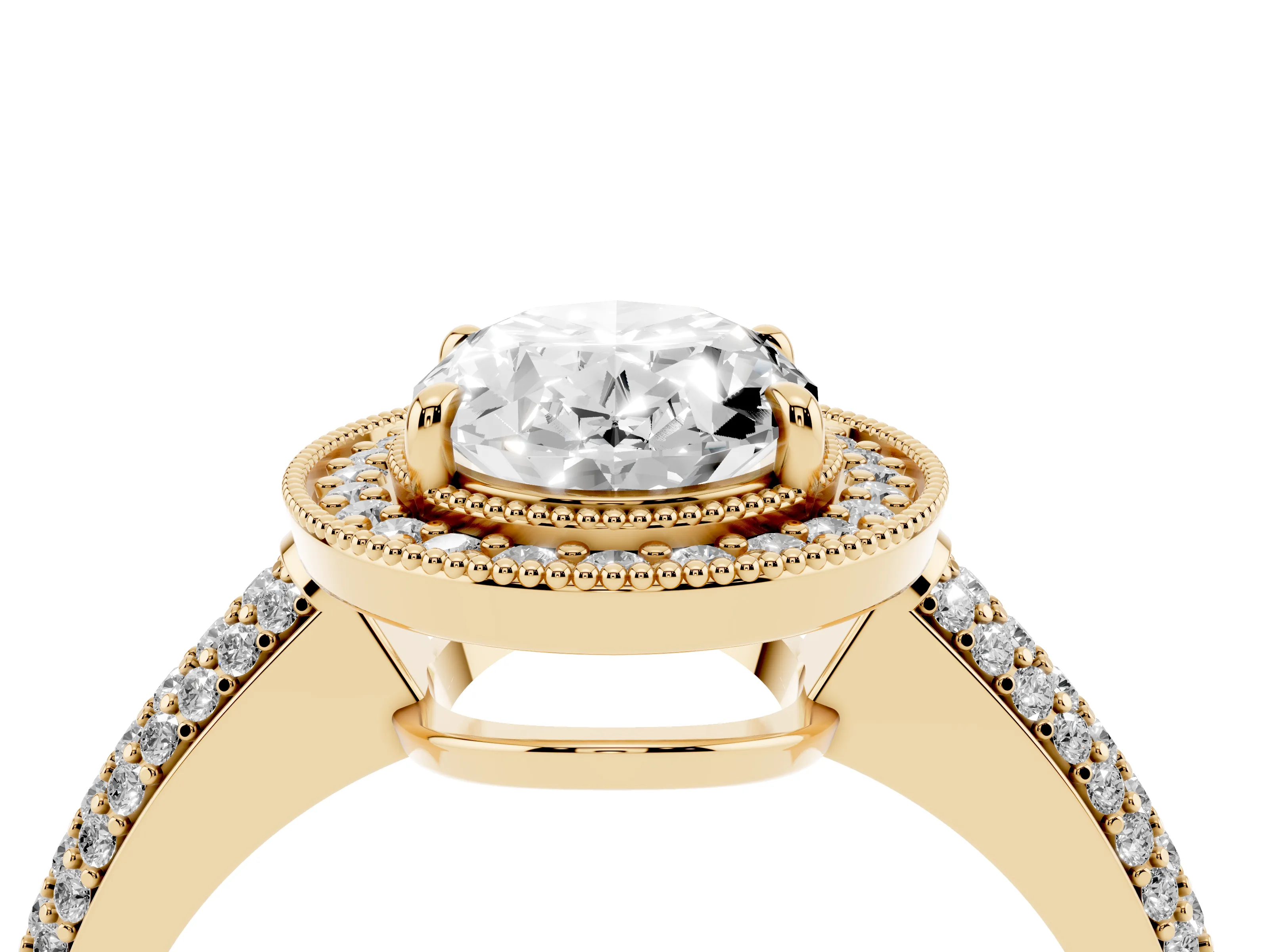 Oval Cut Diamond Halo Pavé Band Set in Yellow gold with Prong Setting