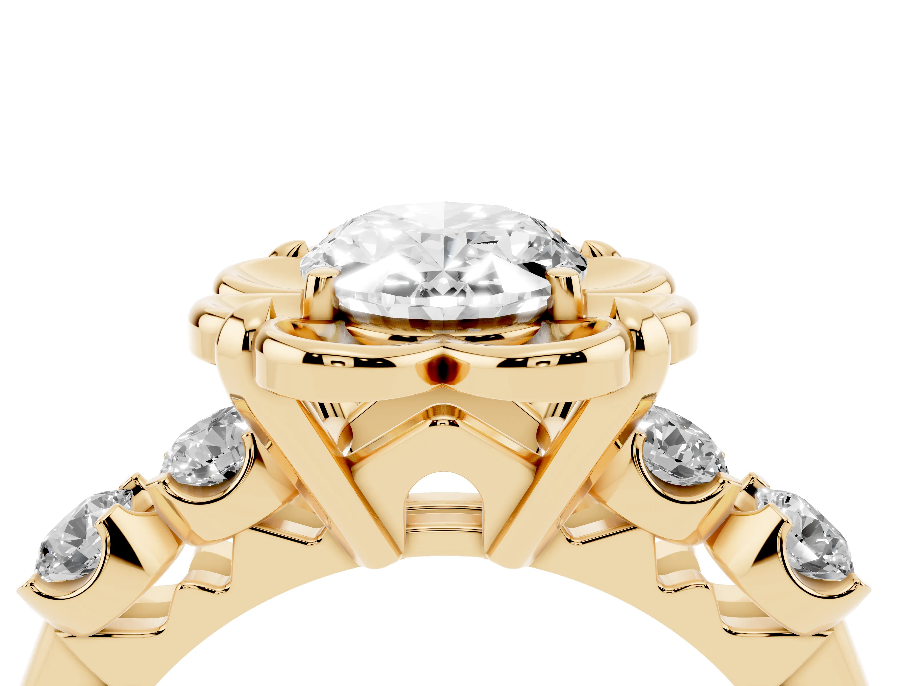 Oval Cut Diamond Floral Halo Ring Set in Yellow gold with Shared Prong Band