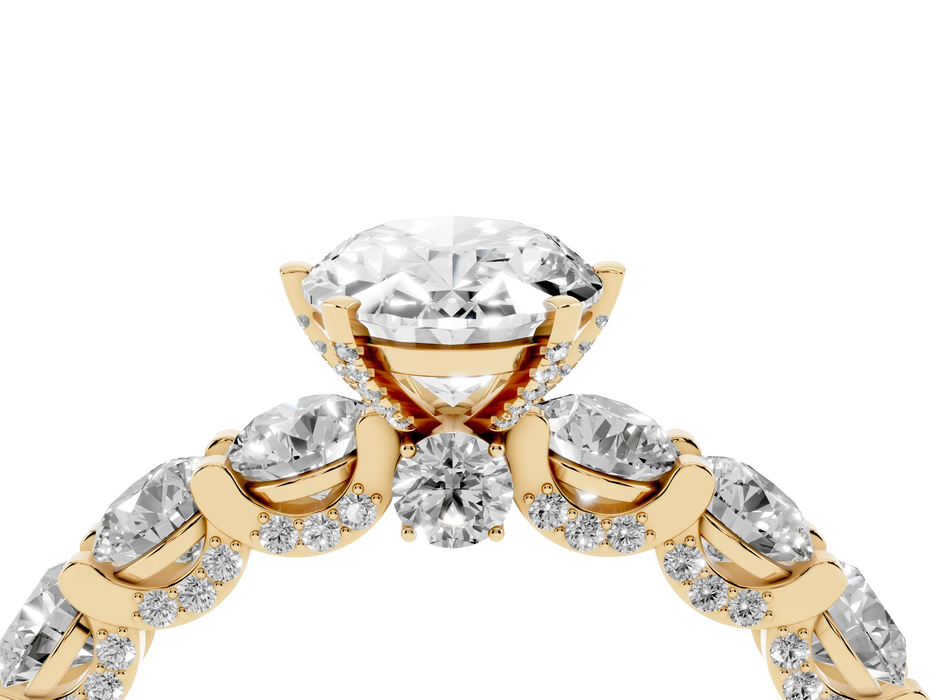 Oval Cut Diamond Side Stone Ring Set in Yellow gold with Alternating Round and Oval Side Stones