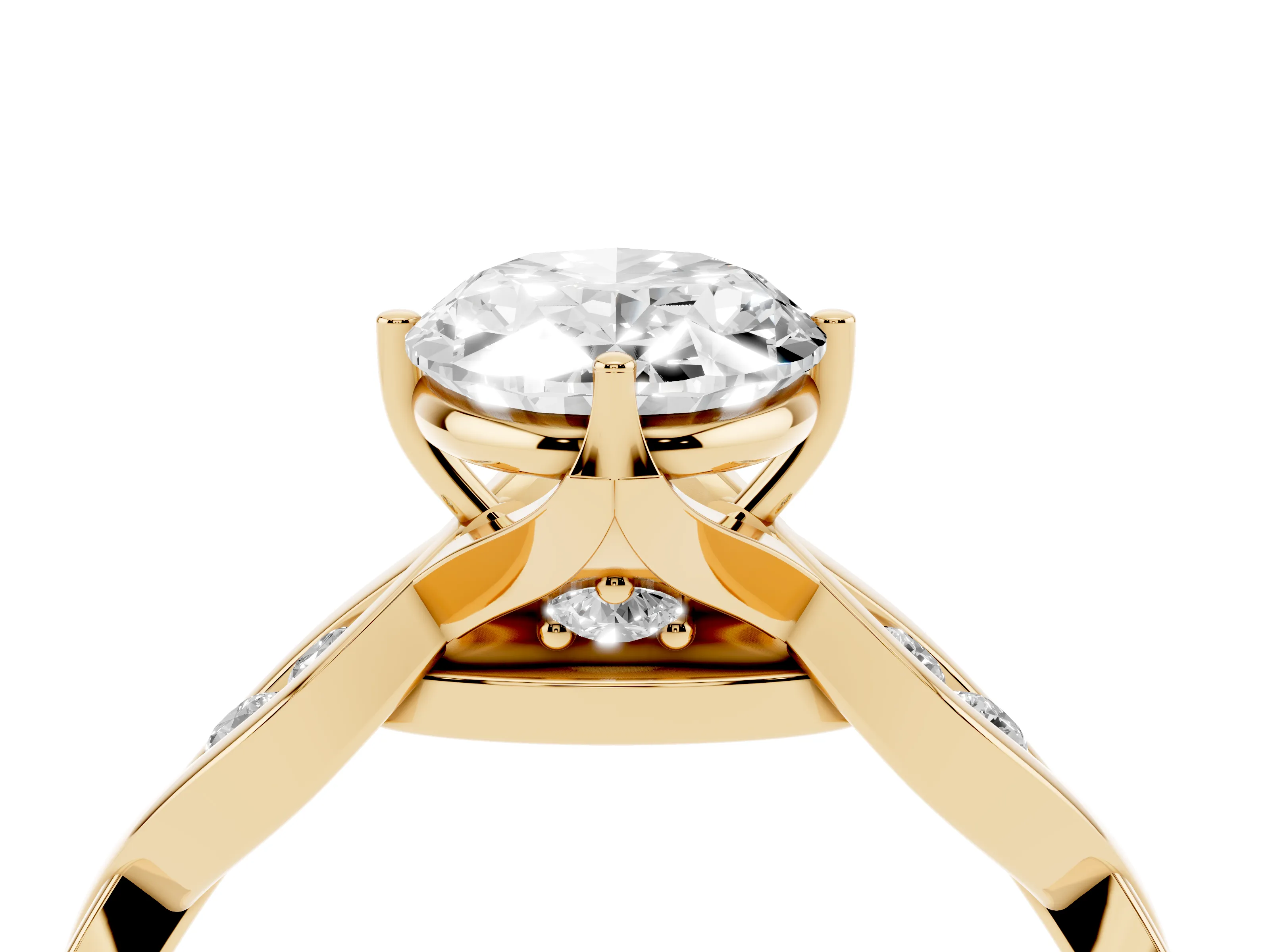 Oval Cut Diamond Twist Band Solitaire Ring Set in Yellow gold with Leaf Prong Setting and Accent Stones