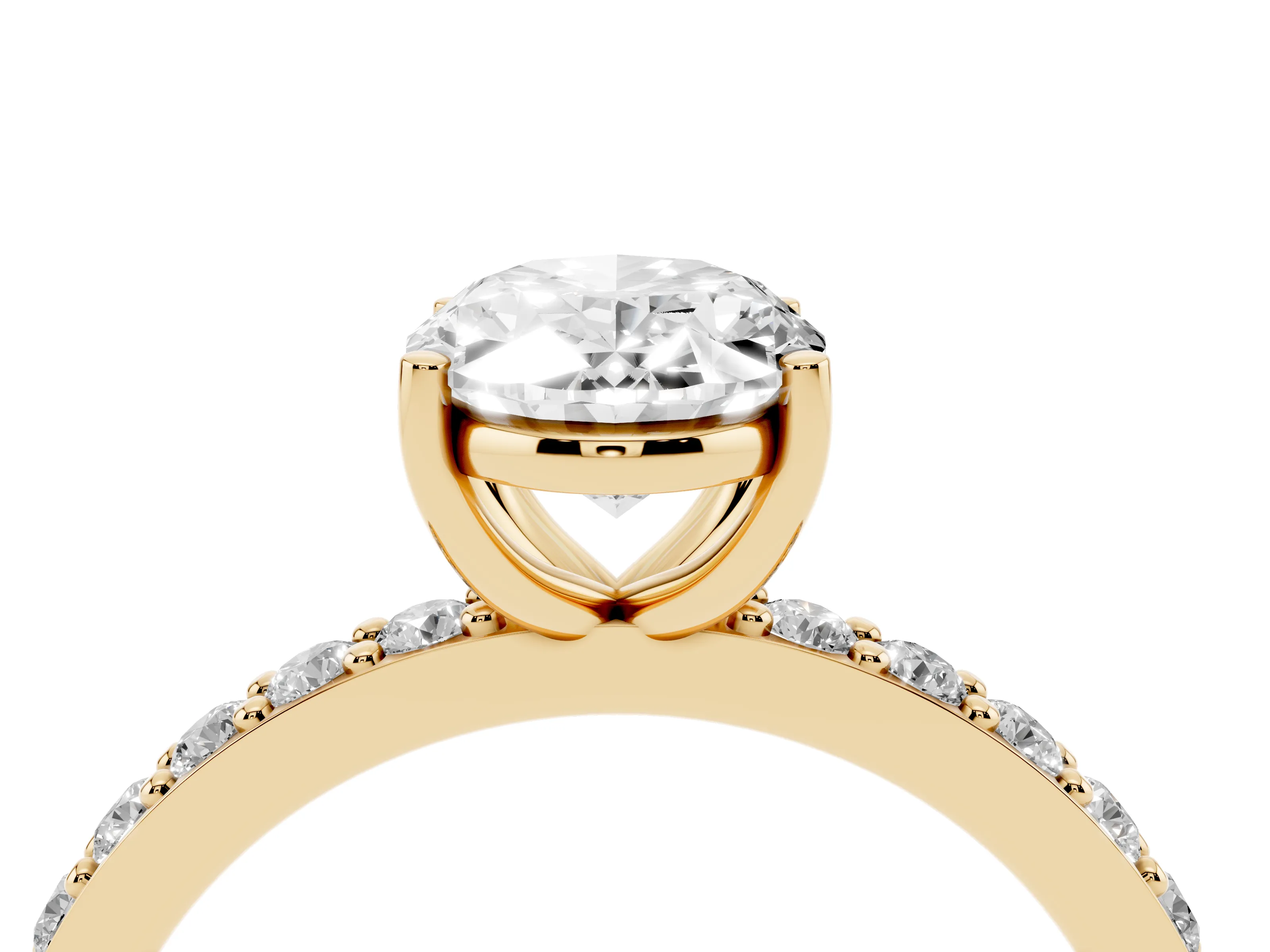 Oval Cut Diamond Solitaire Set in Yellow gold with Round Pavé Band and Prong Setting
