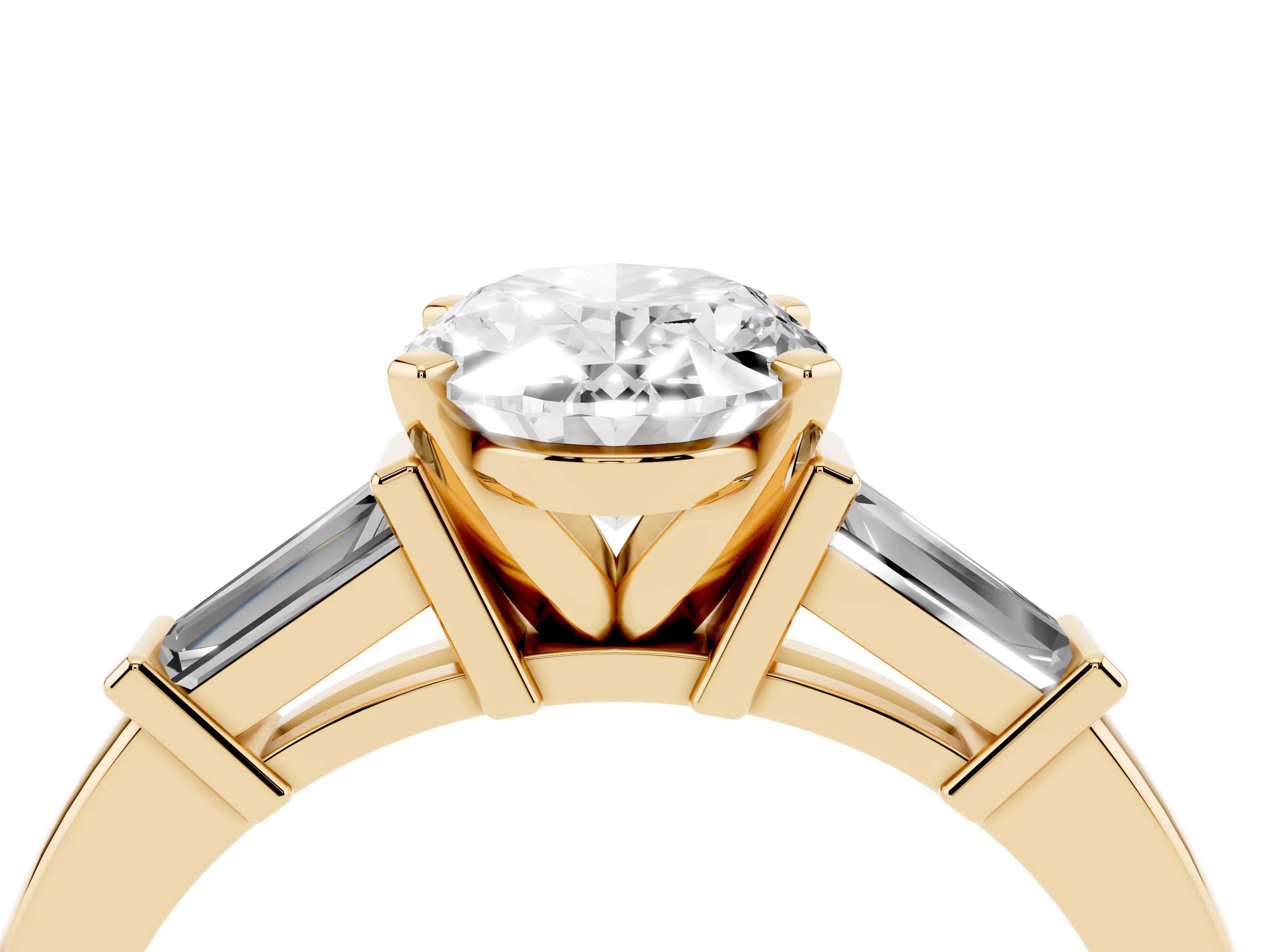 Oval Cut Diamond Solitaire Ring Set in Yellow gold with Tapered Baguette Accents and Prong Setting