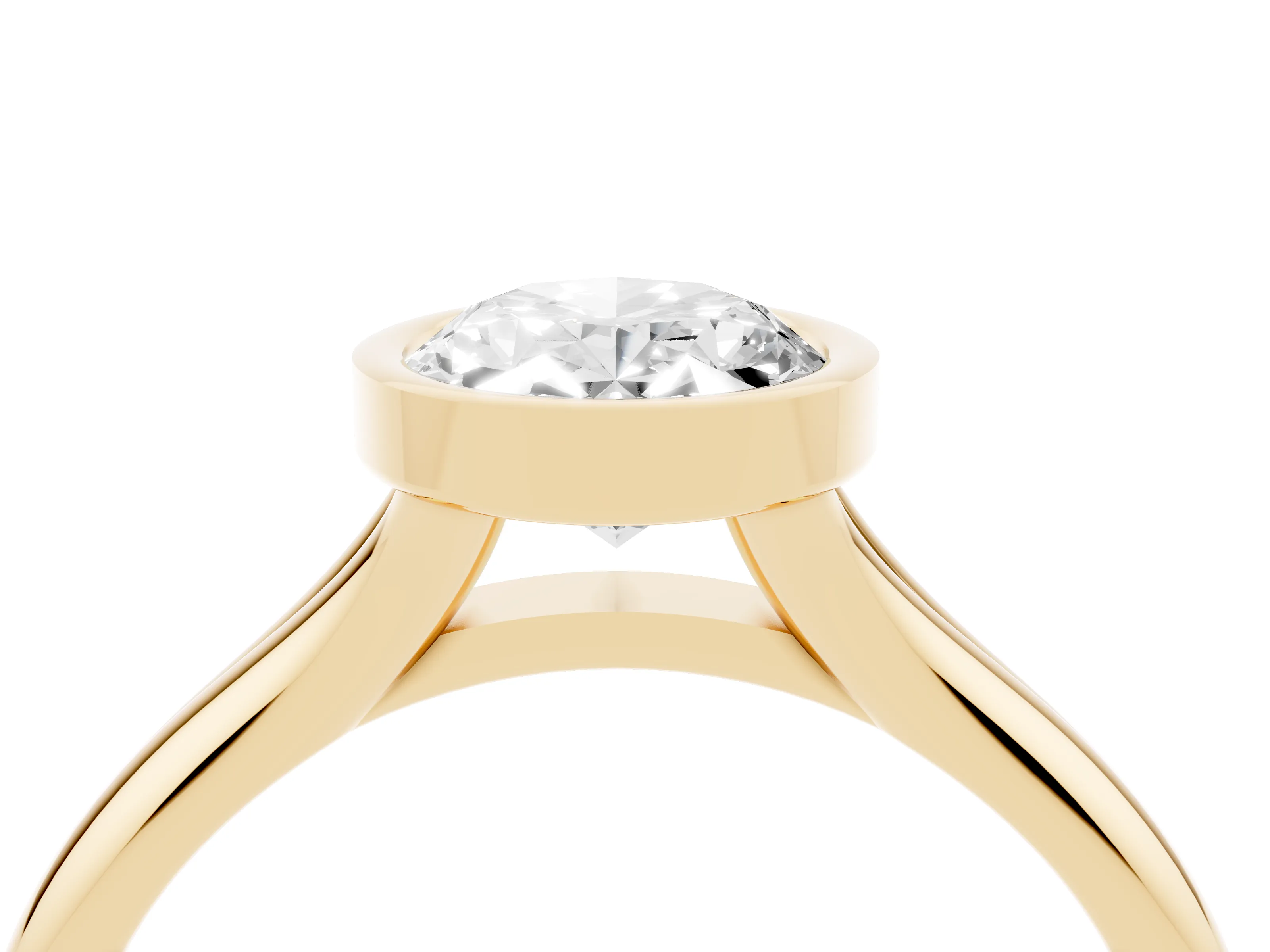 Bezel Set Oval Cut Diamond Solitaire Ring Set in Yellow gold with Smooth Band
