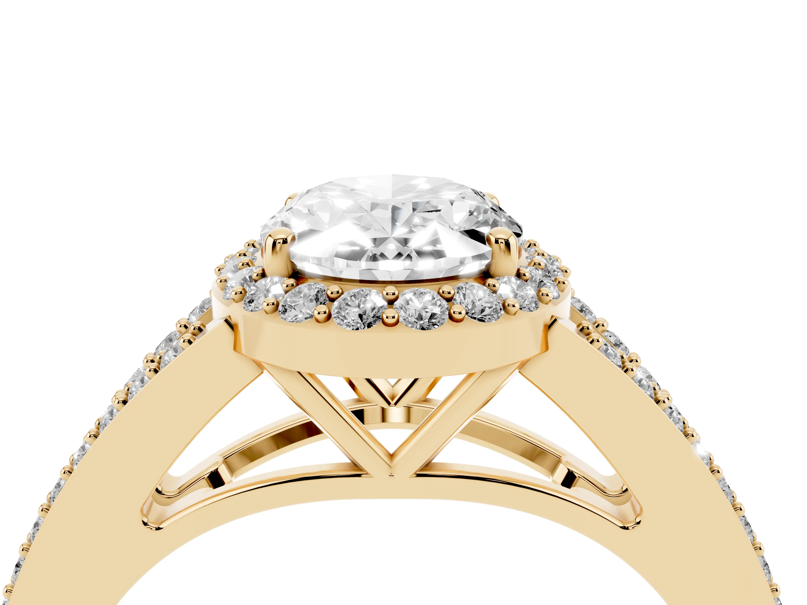 Oval Cut Diamond Halo Split Shank Ring Set in Yellow gold with Accent Stones and Prong Setting