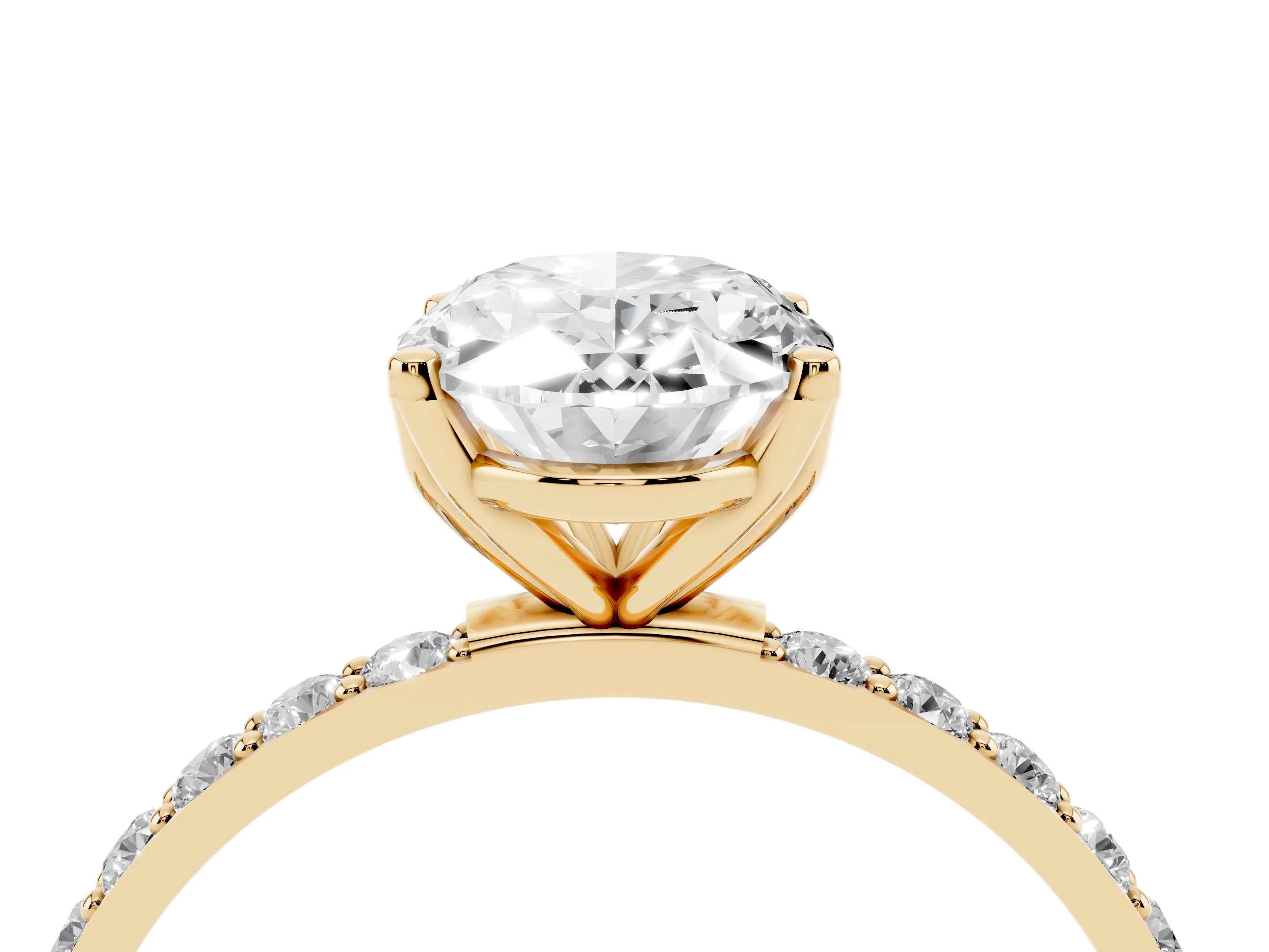 Oval Cut Diamond Solitaire Engagement Ring Set in Yellow gold with Round Pavé Band and Prong Setting