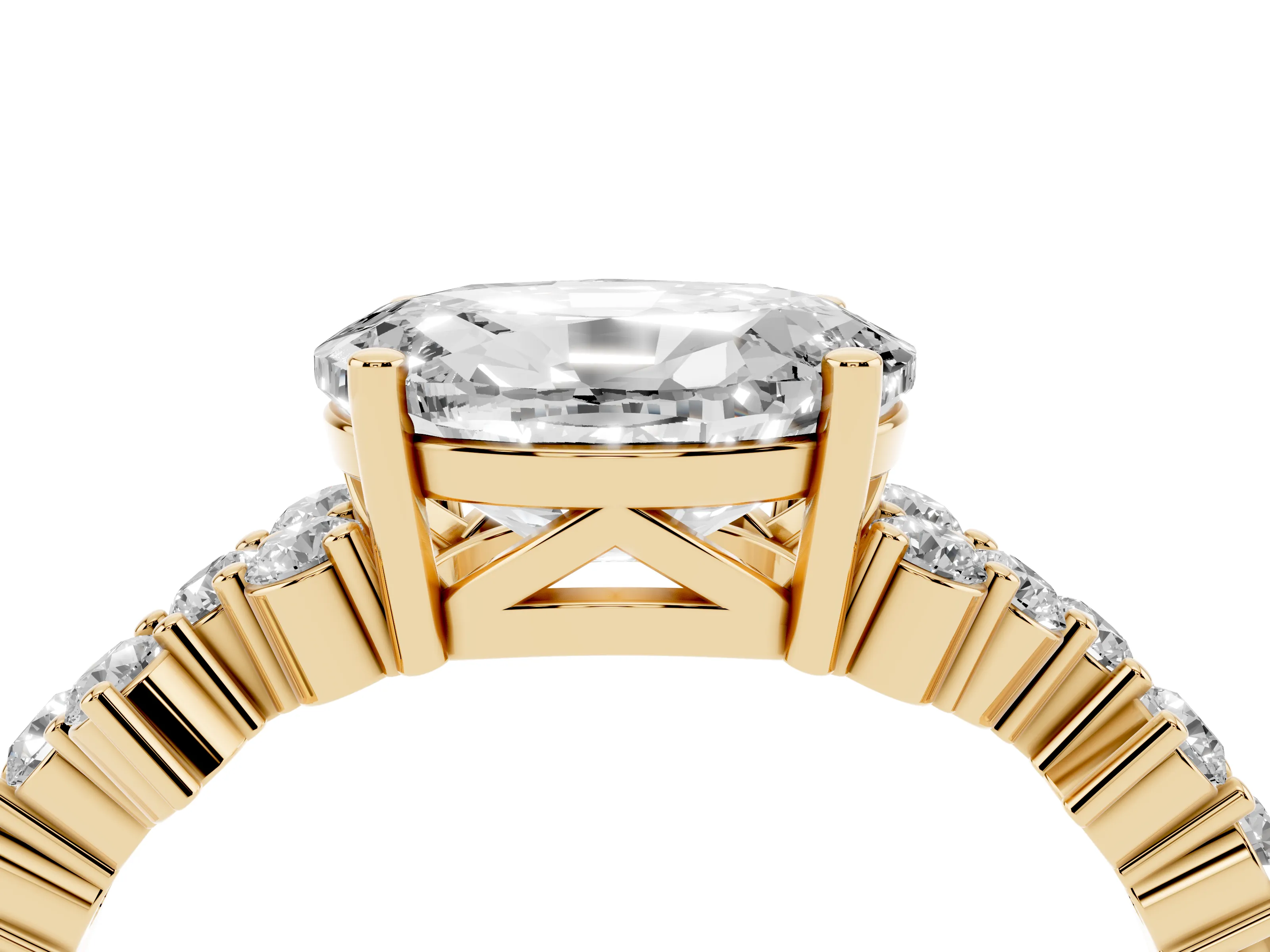 Oval Cut Diamond Ring Set in Yellow gold with Scattered Round Accents