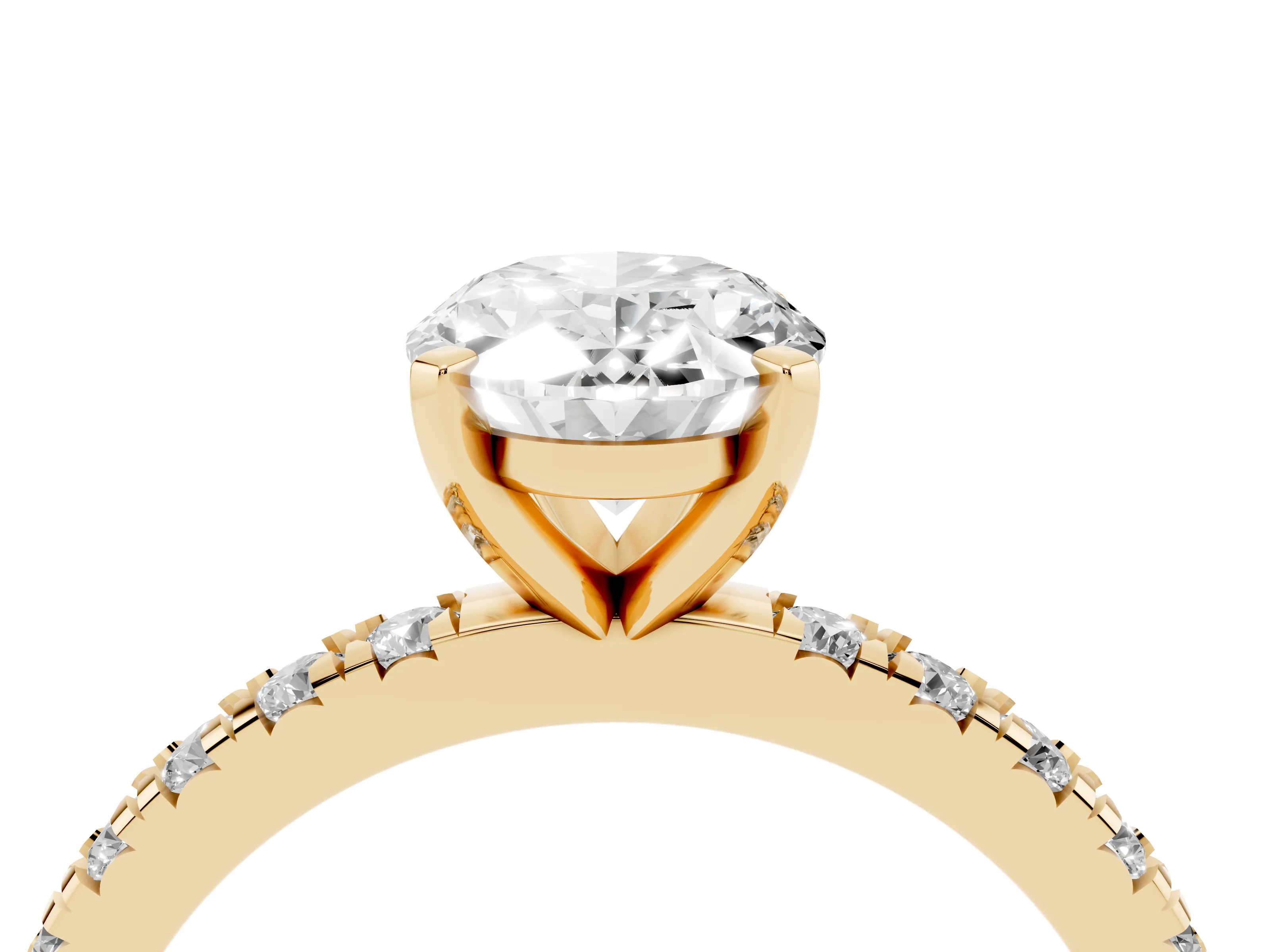 Oval Cut Diamond Pavé Band Solitaire Set in Yellow gold with Prong Setting