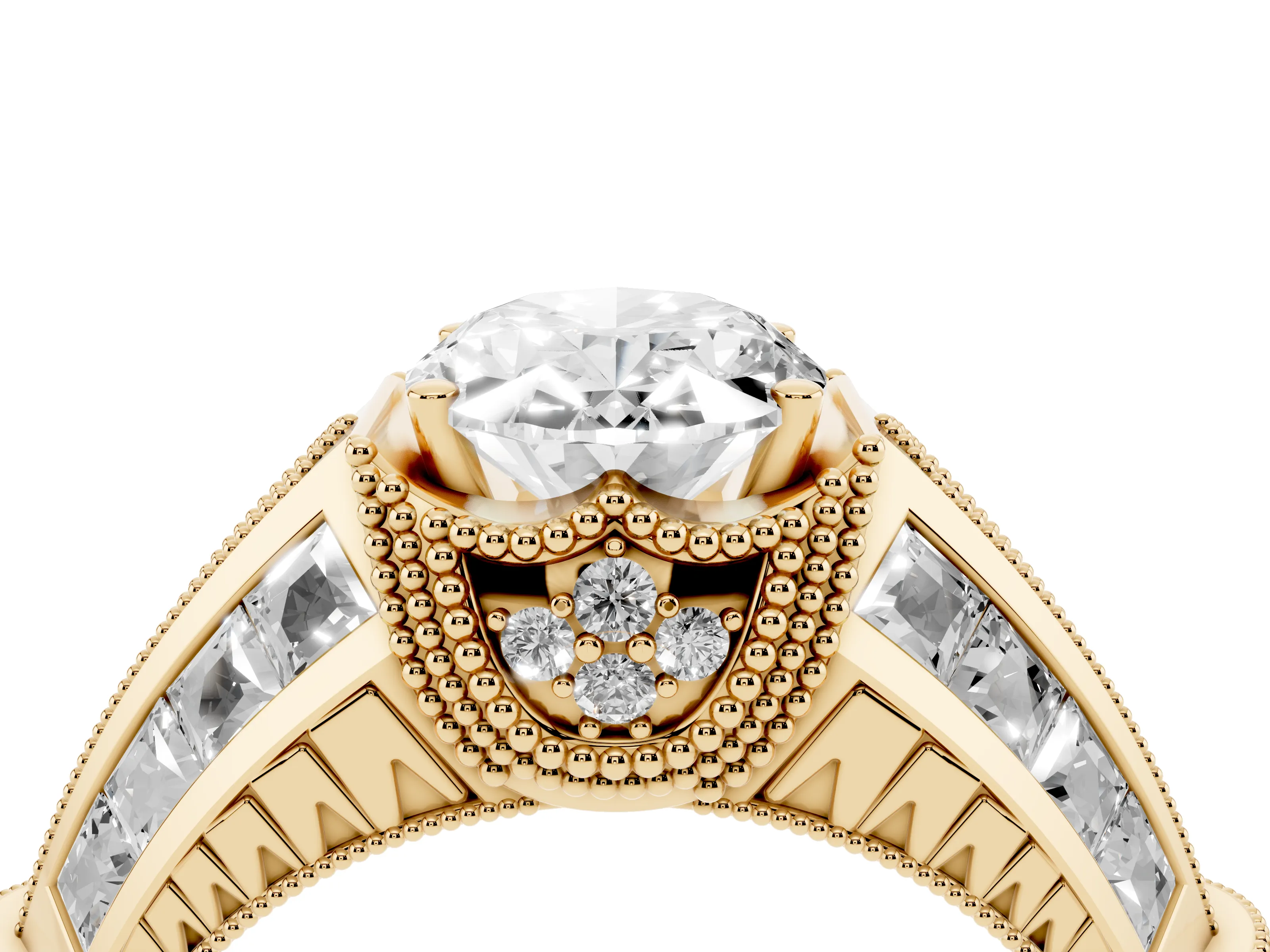 Oval Cut Diamond Vintage-Inspired Milgrain Ring Set in Yellow gold with Accent Split Shank