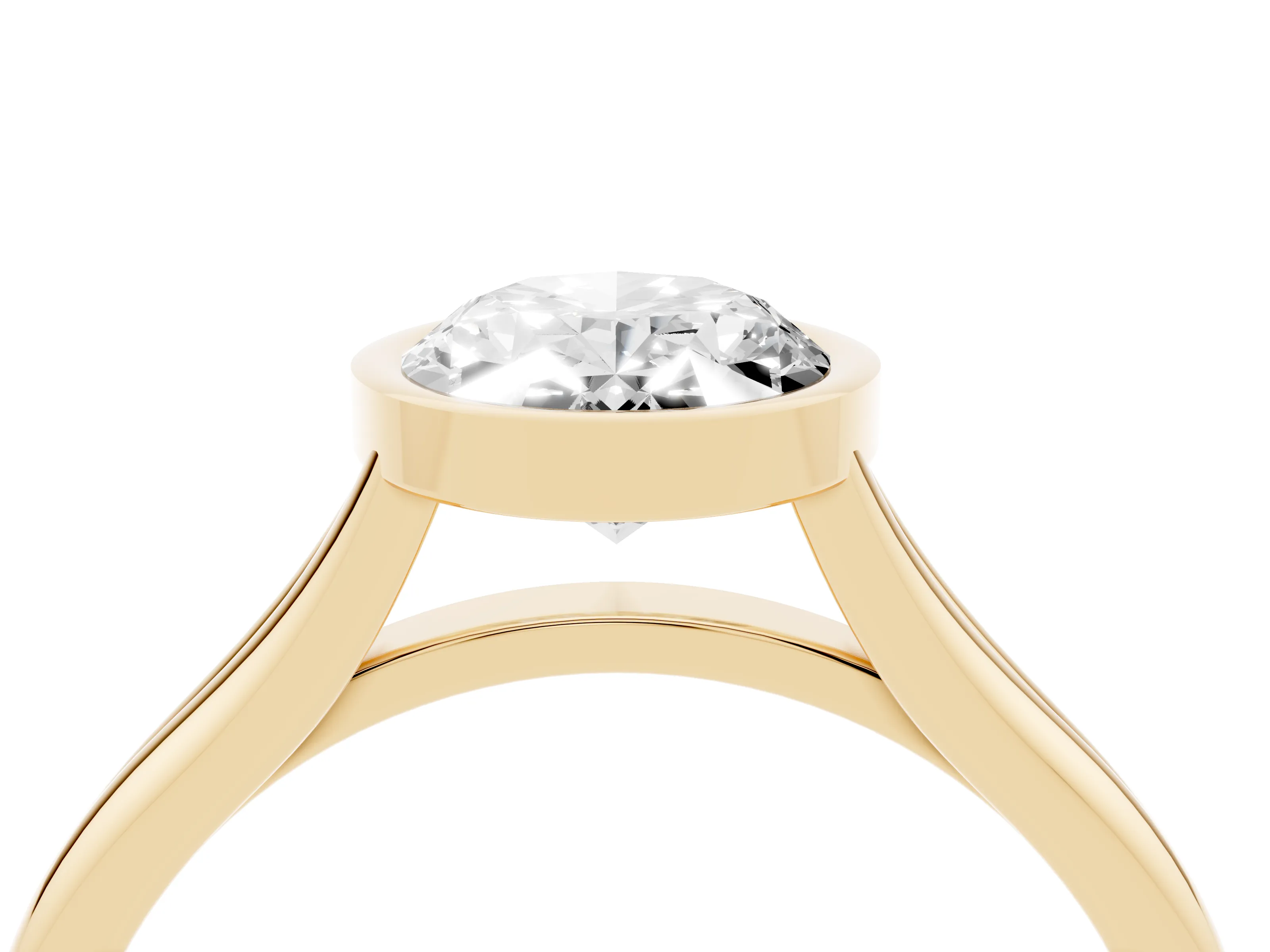 Bezel Set Oval Cut Diamond Solitaire Ring Set in Yellow gold with Tapered Band
