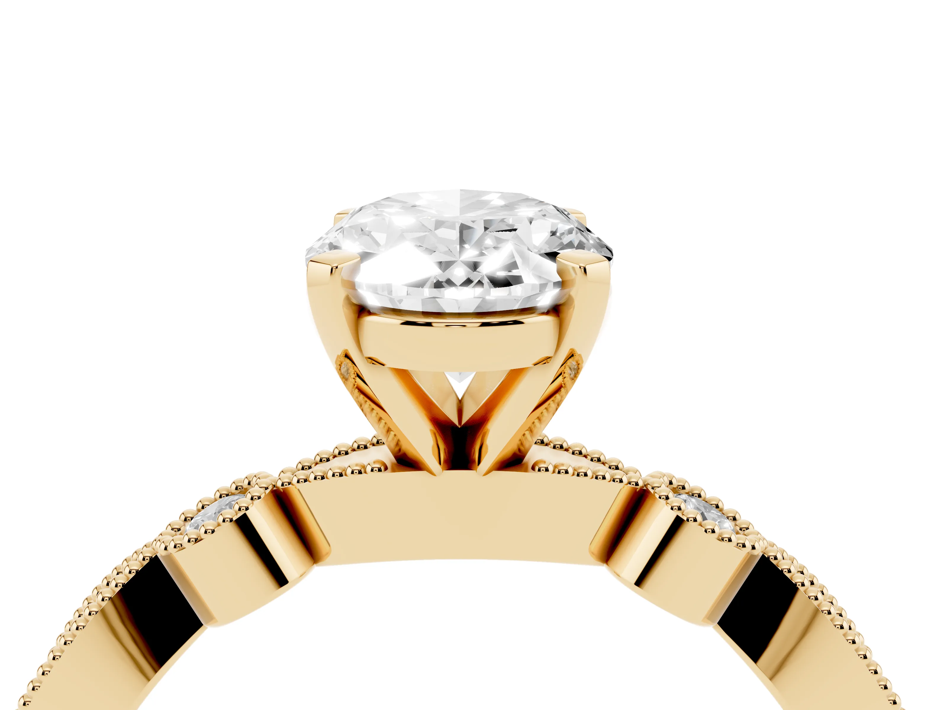 Oval Cut Diamond Solitaire Engagement Ring Set in Yellow gold with Milgrain Bezel Accent Band