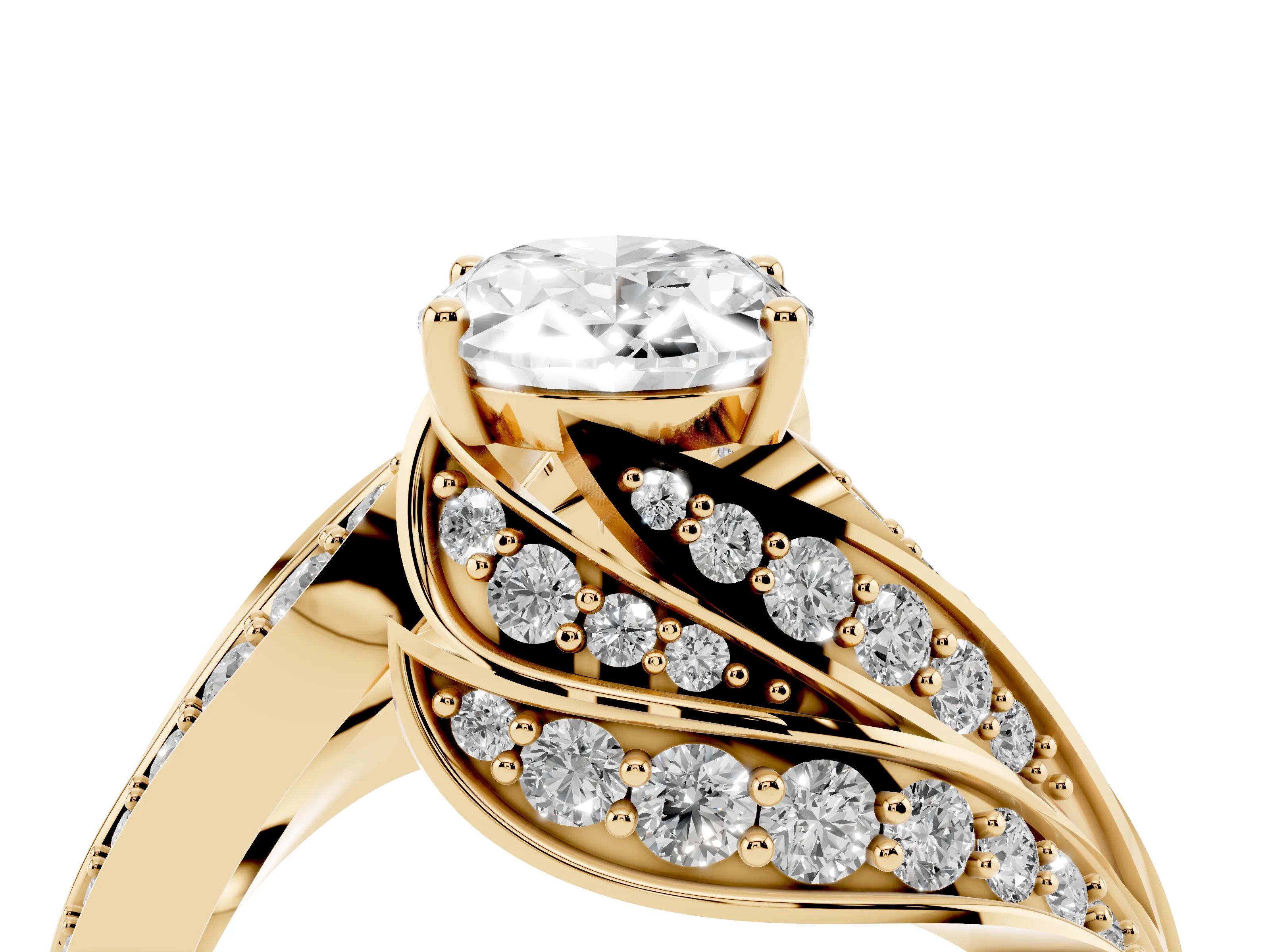 Oval Cut Diamond Solitaire Ring Set in Yellow gold with Layered Twist Pavé Band