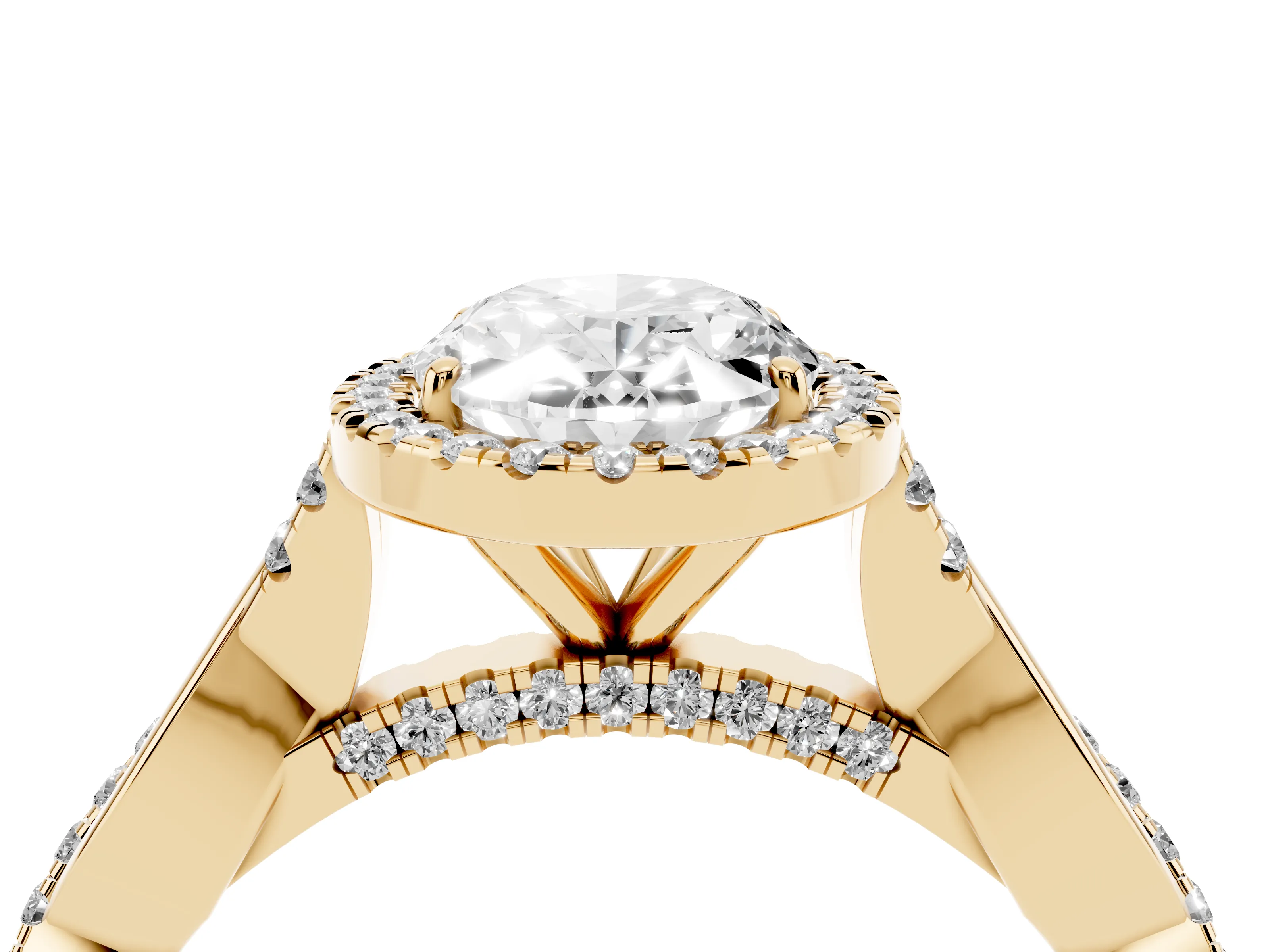 Oval Cut Diamond Halo Twist Band Solitaire Ring Set in Yellow gold with Prong Setting