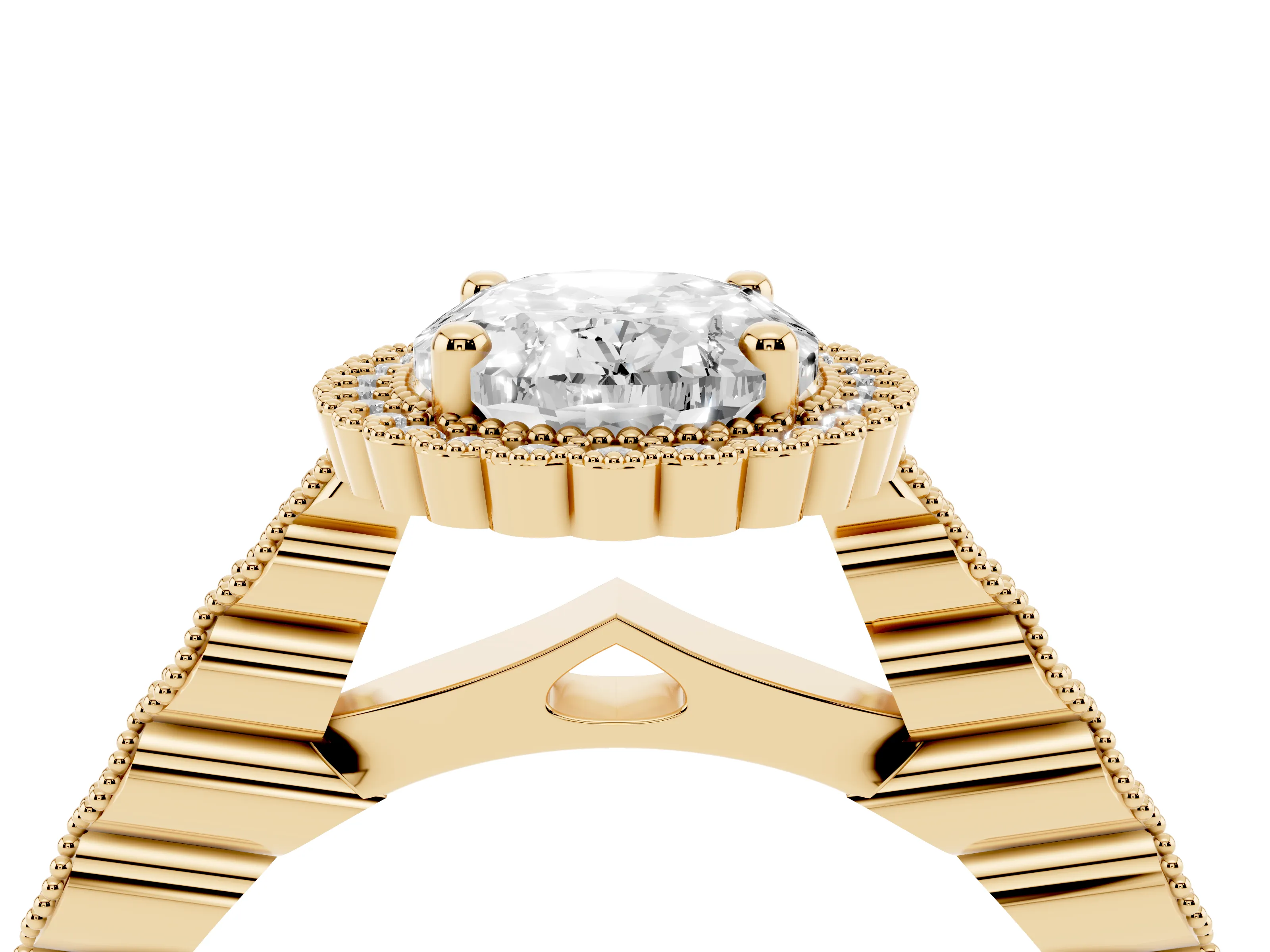 Oval Cut Diamond Halo Ring Set in Yellow gold with Pavé Milgrain Band