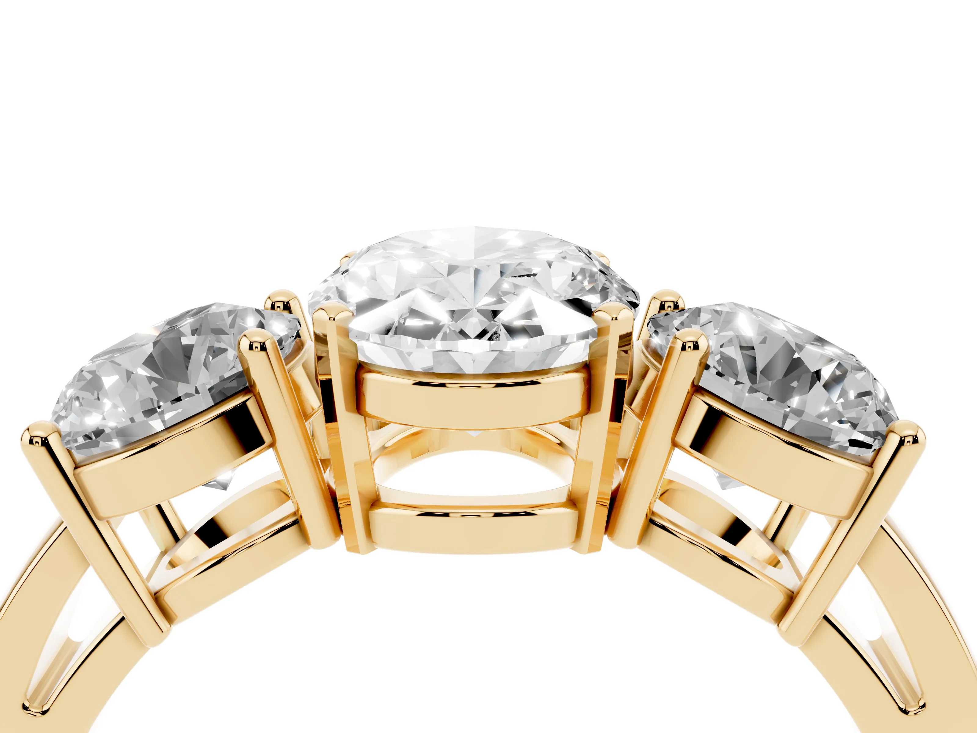 Oval Cut Diamond Three-Stone Ring Set in Yellow gold with Round Side Stones and Classic Band