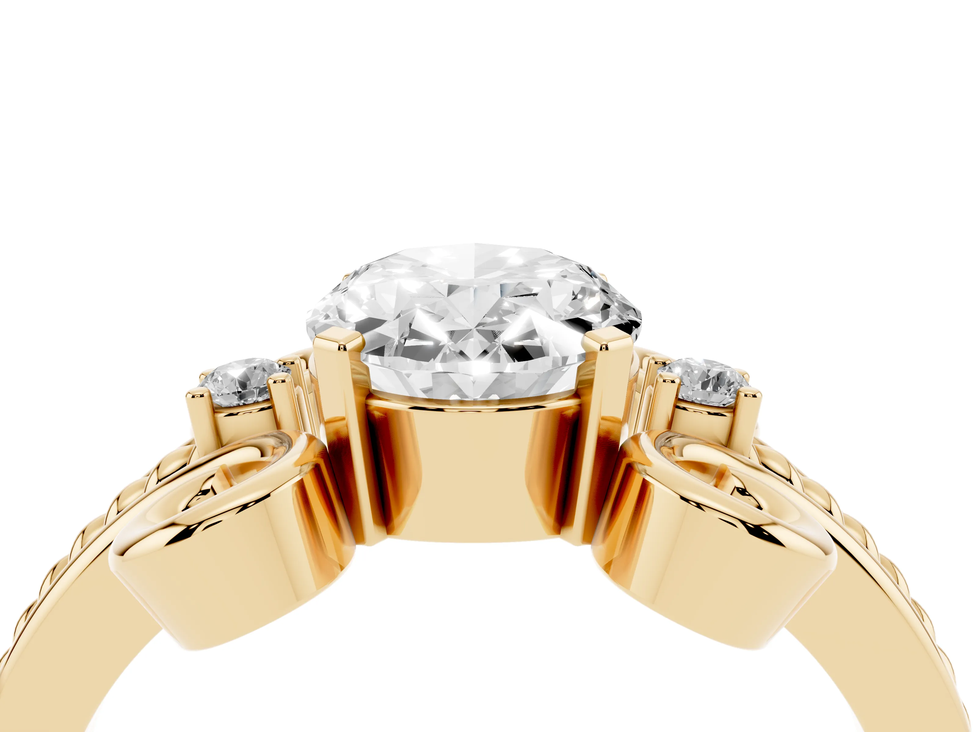 Oval Cut Diamond Twisted Band Solitaire Ring Set in Yellow gold with Scroll Prongs