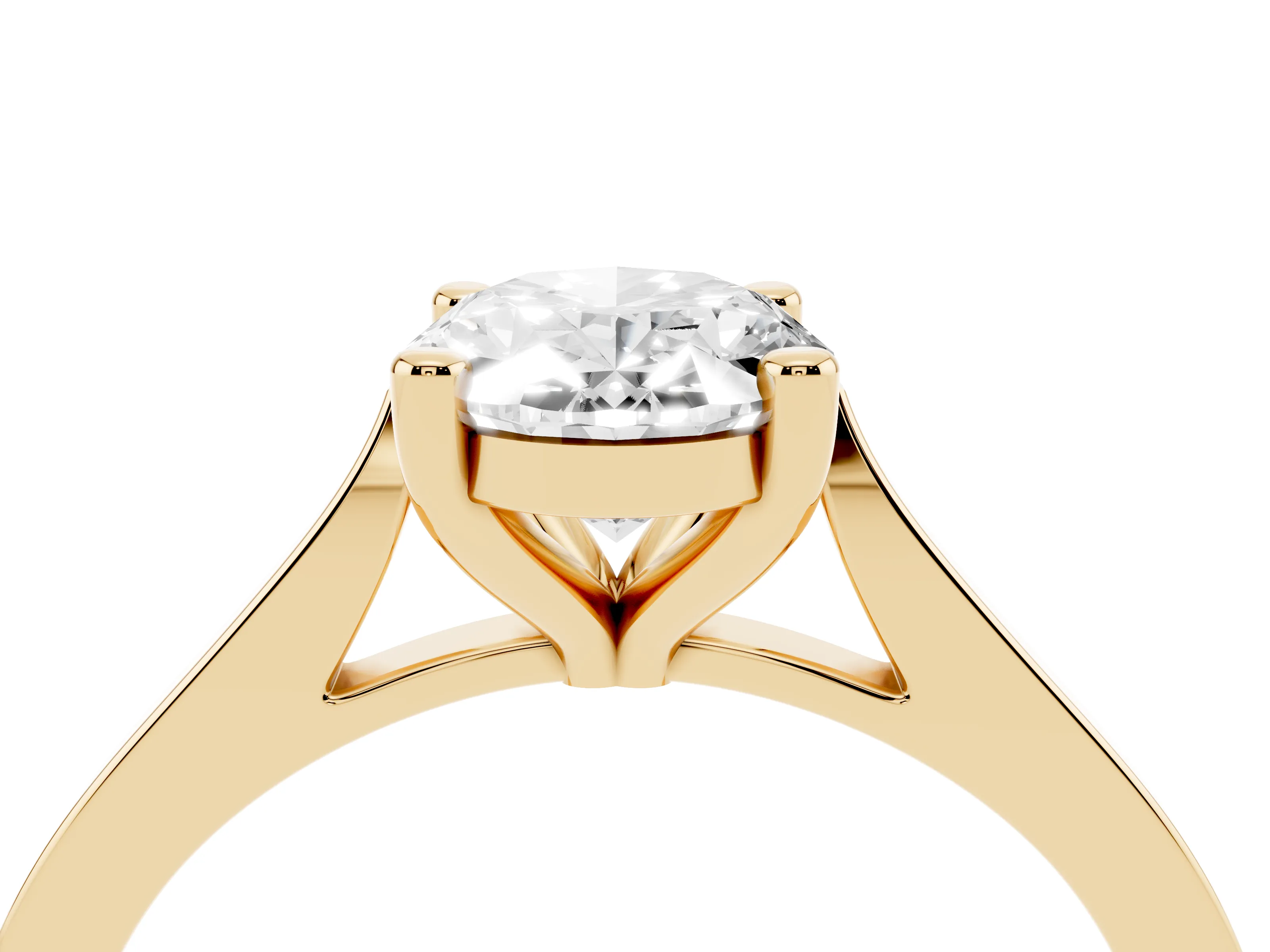 Oval Cut Diamond Solitaire Ring Set in Yellow gold with Prong Setting and Tapered Band