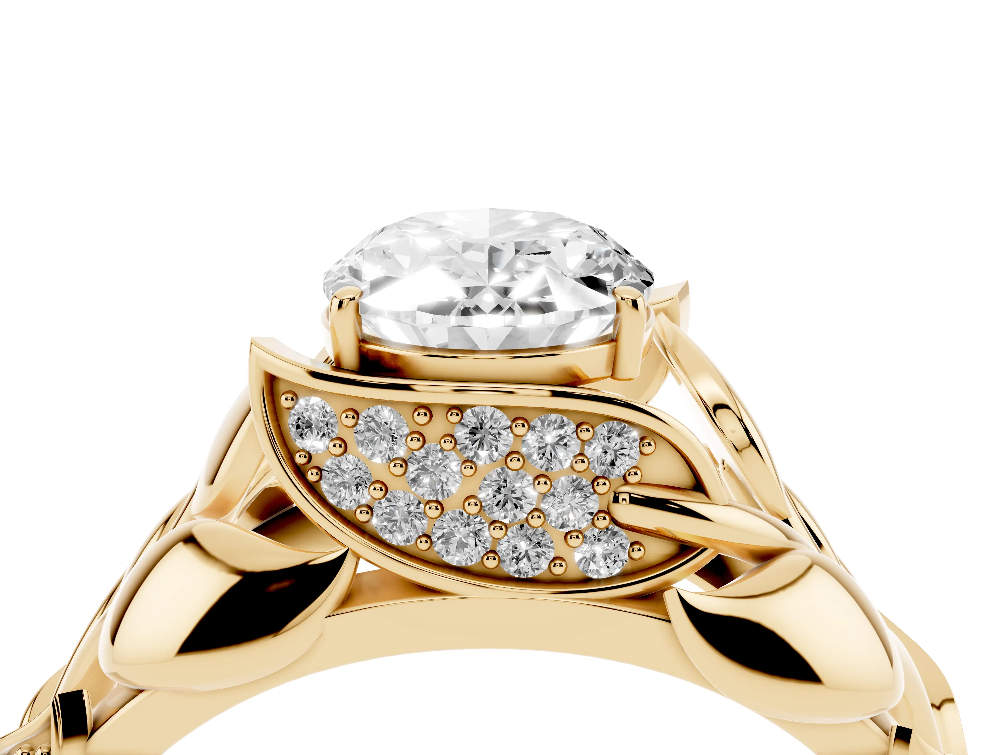 Oval Cut Diamond Leaf-Inspired Engagement Ring Set in Yellow gold with Round Accents