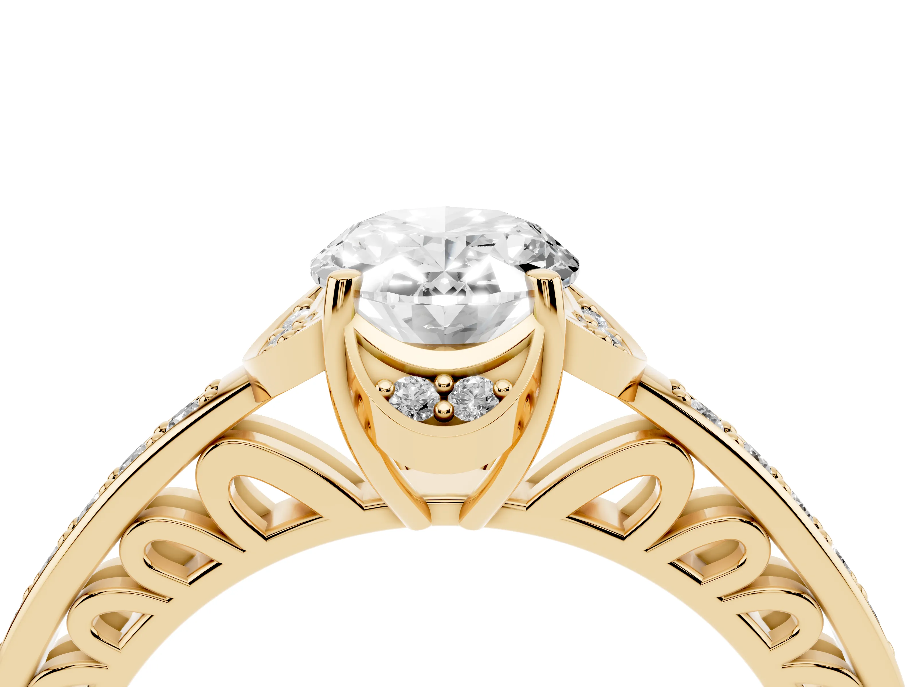 Oval Cut Diamond Halo Ring Set in Yellow gold with Channel Set Band and Prong Setting