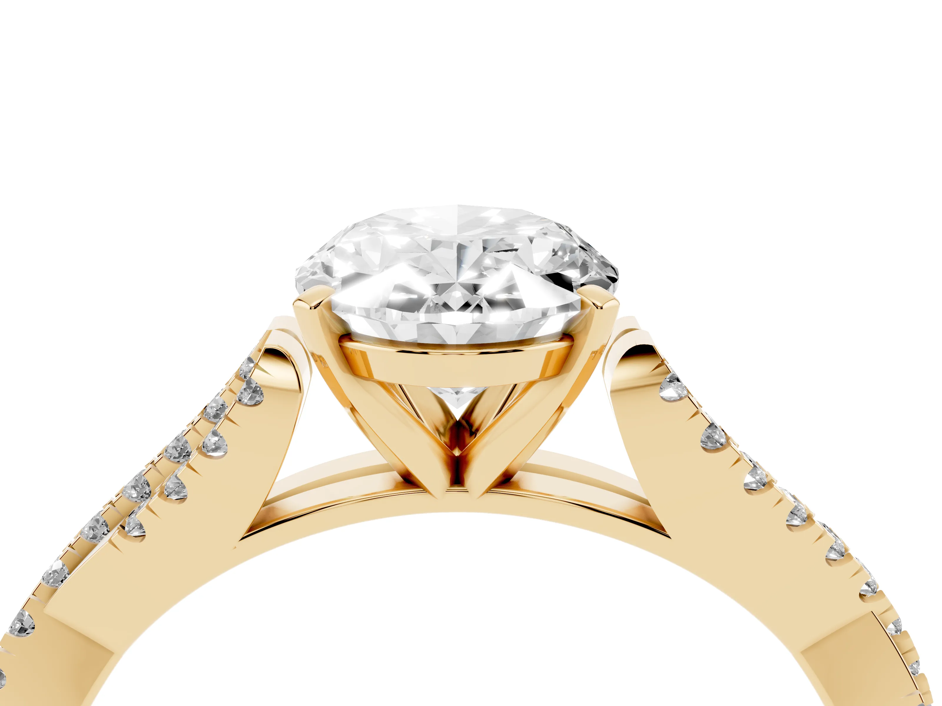 Oval Cut Diamond Solitaire Engagement Ring Set in Yellow gold with Twisted Pavé Band and Prong Setting
