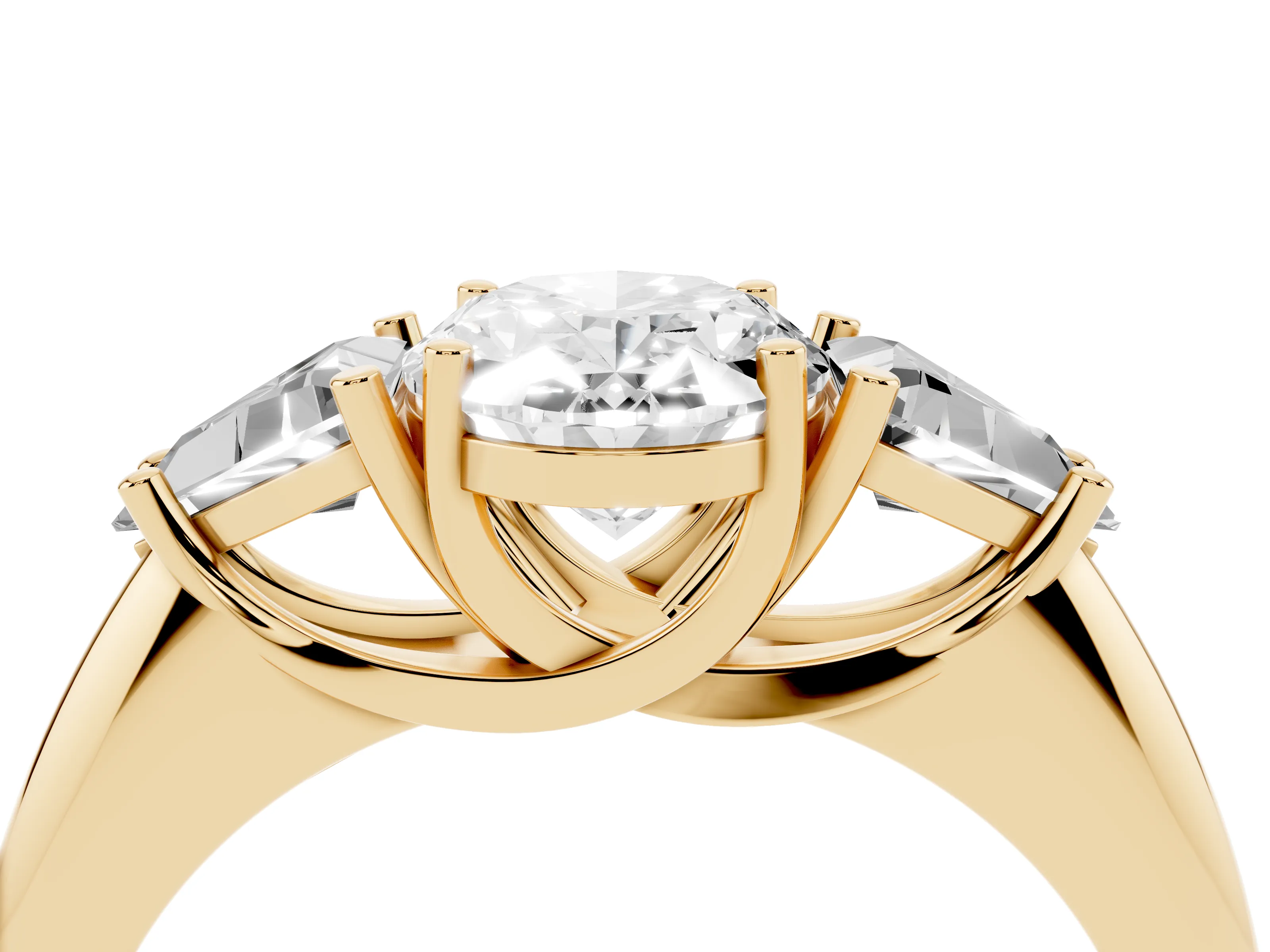 Oval Cut Diamond Three-Stone Engagement Ring Set in Yellow gold with Trillion Side Stones