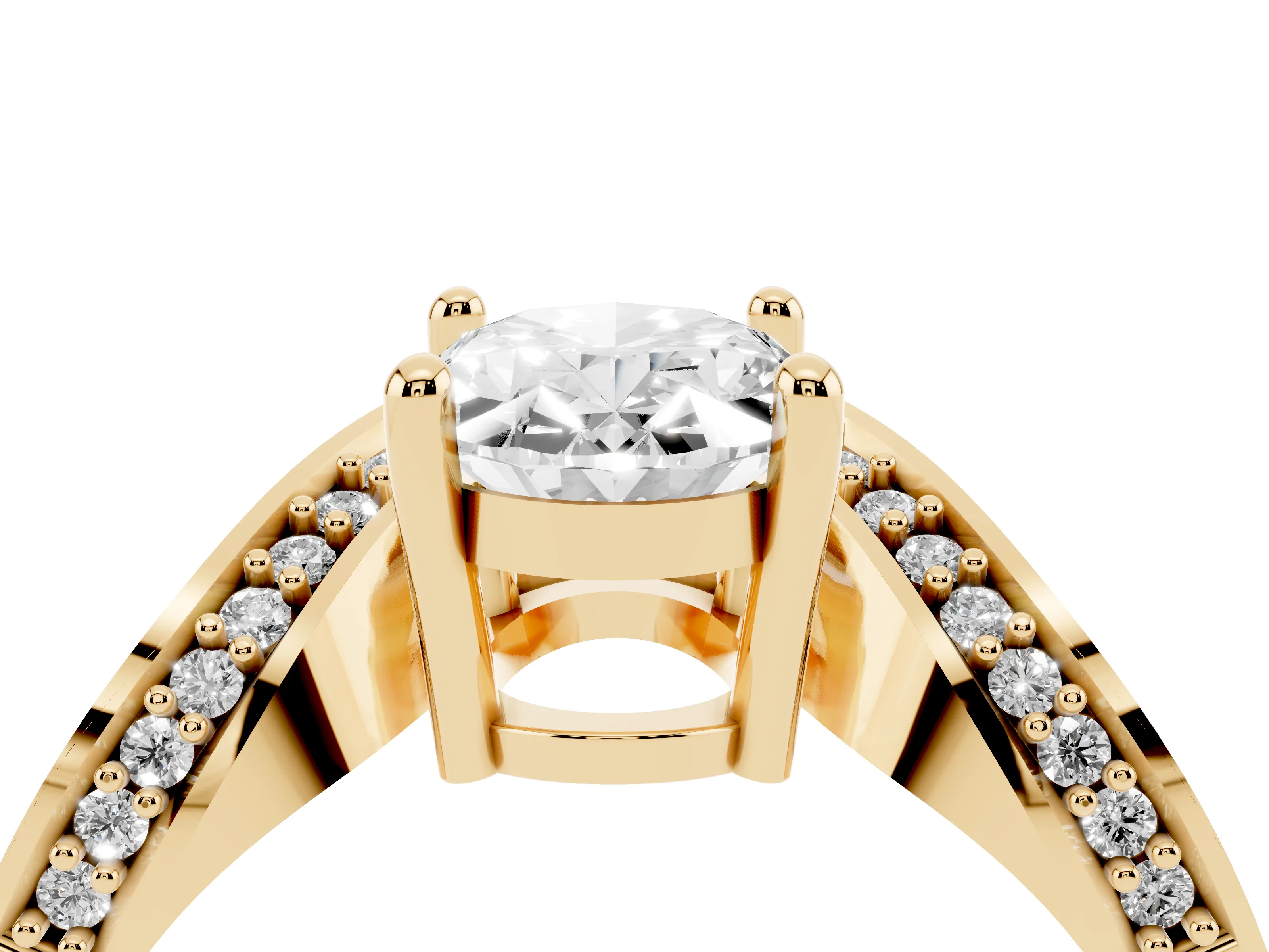 Oval Cut Diamond Solitaire Engagement Ring Set in Yellow gold with Pavé Shoulders