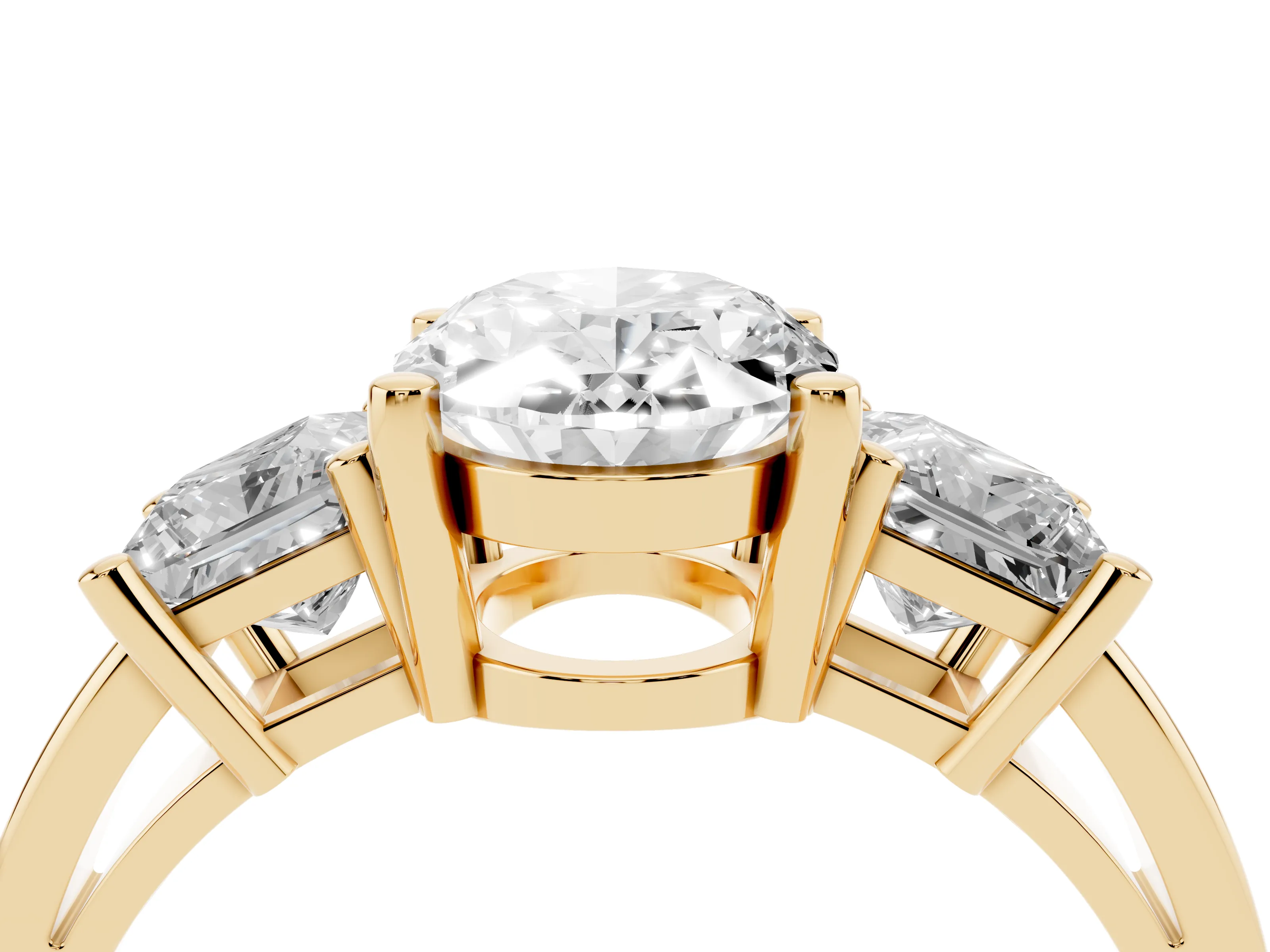 Three-Stone Oval Cut Diamond Solitaire Ring Set in Yellow gold with Prong Setting