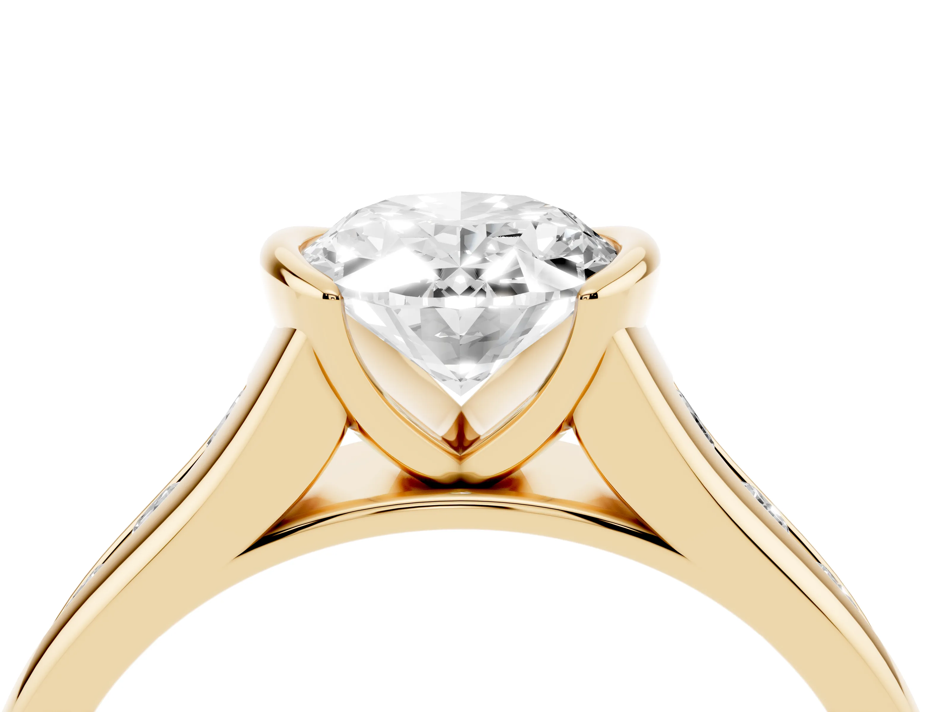 Oval Cut Diamond Bezel-Set Solitaire Ring Set in Yellow gold with Channel-Set Band