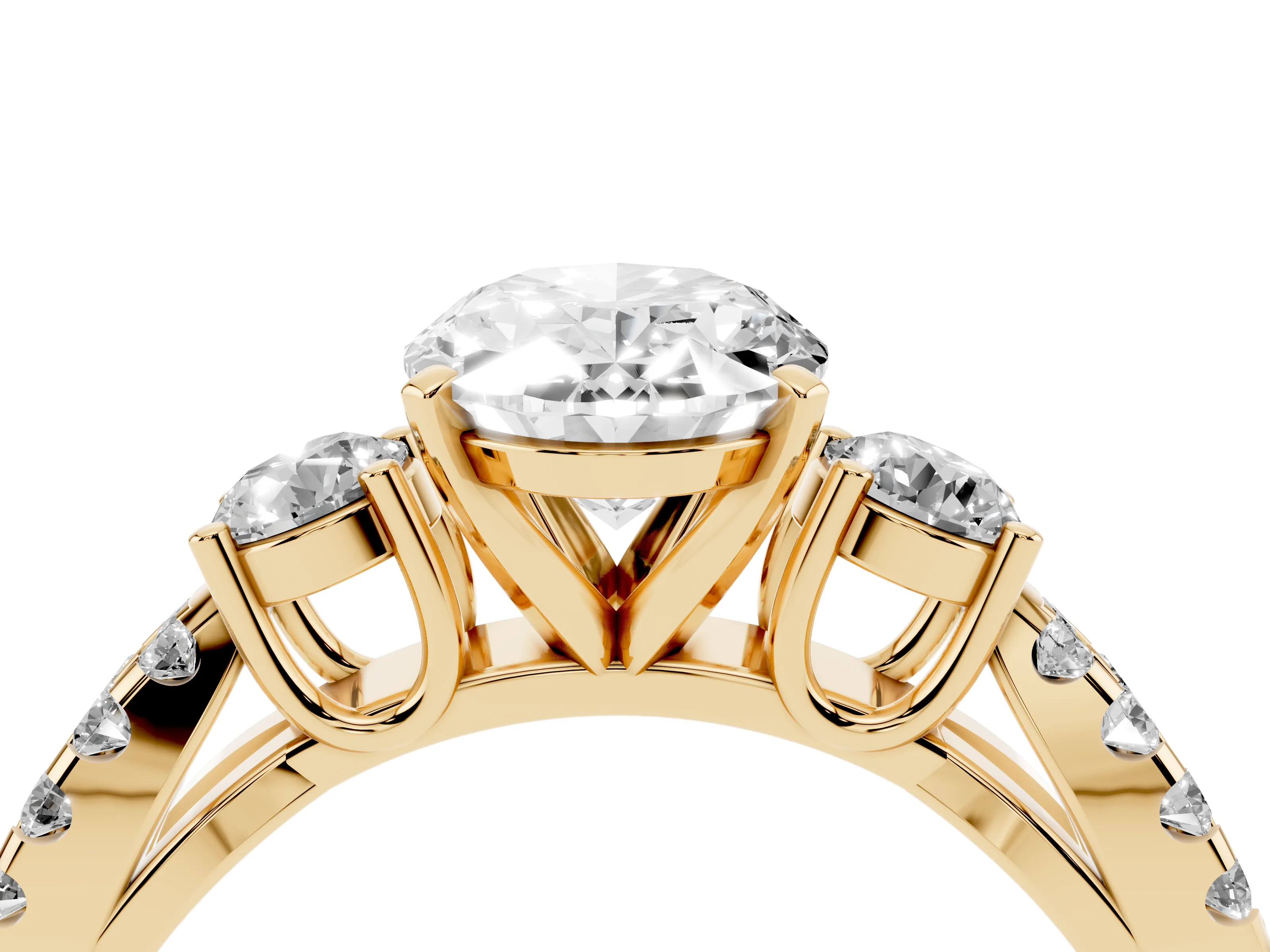 Oval Cut Diamond Three-Stone Ring Set in Yellow gold with Pavé Split Shank and Prong Setting