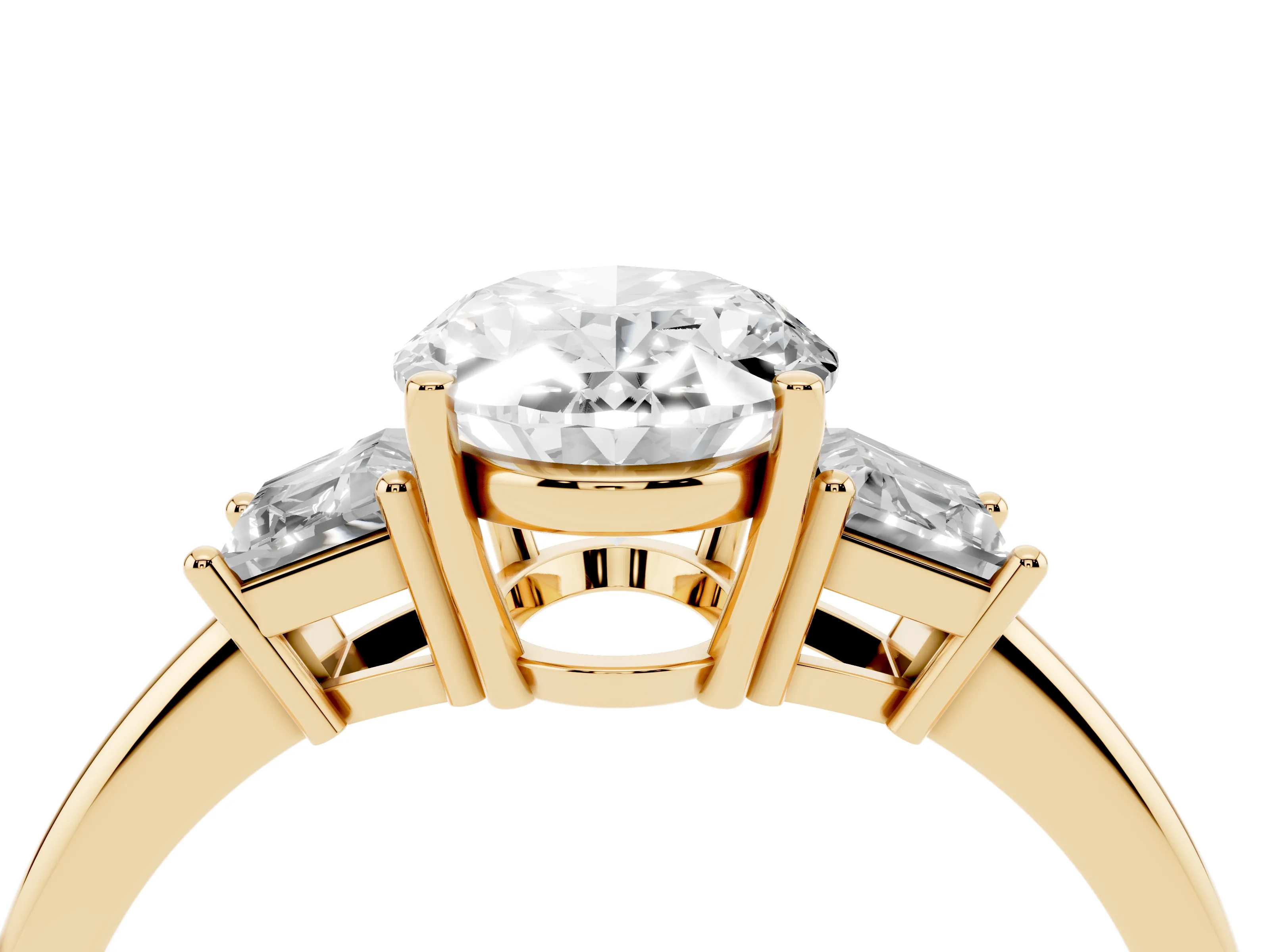 Oval Cut Diamond Three-Stone Ring Set in Yellow gold with Trapezoid Side Stones and Prong Setting
