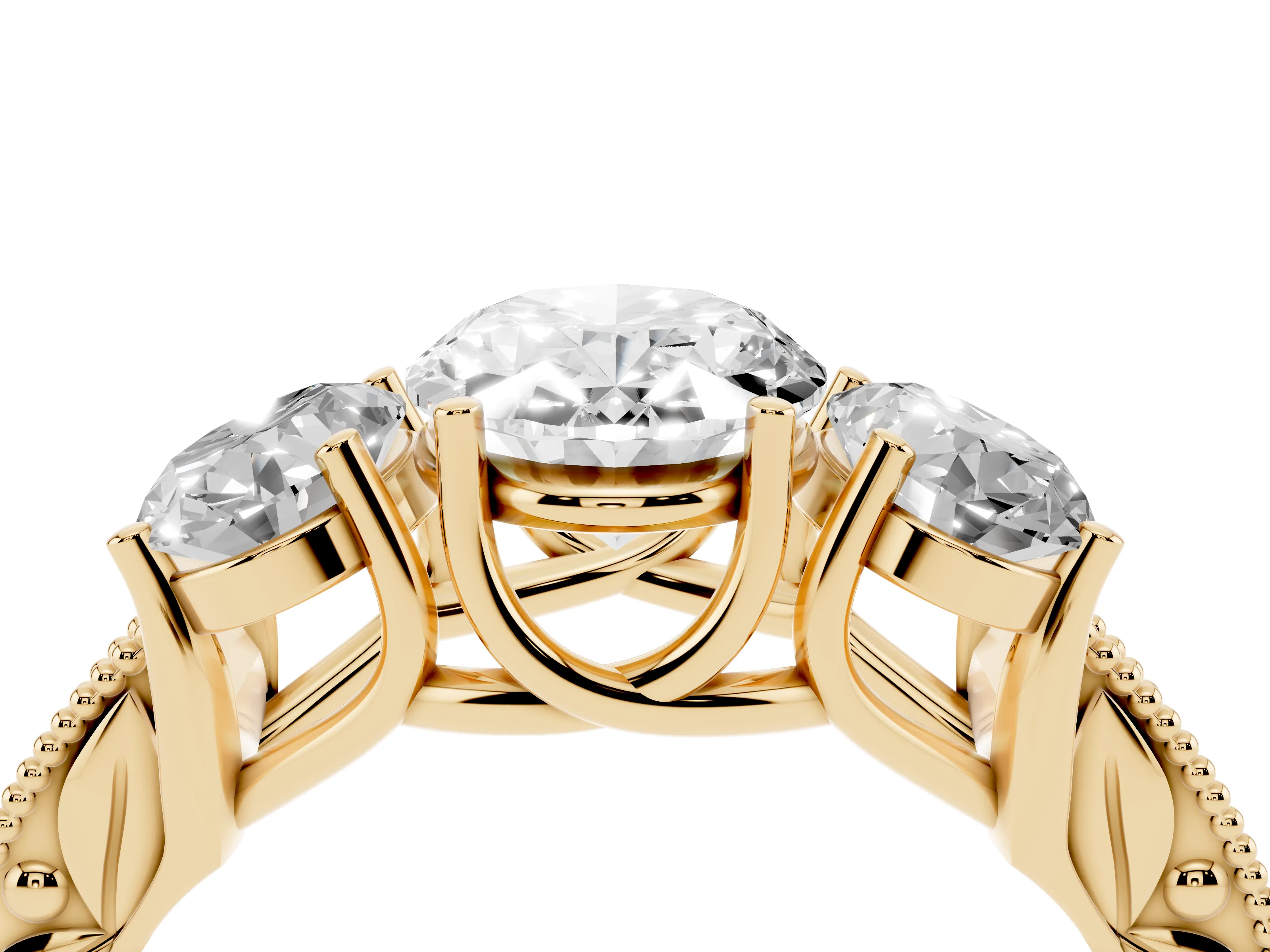 Oval Cut Diamond Three-Stone Engagement Ring Set in Yellow gold with Milgrain Pavé Band