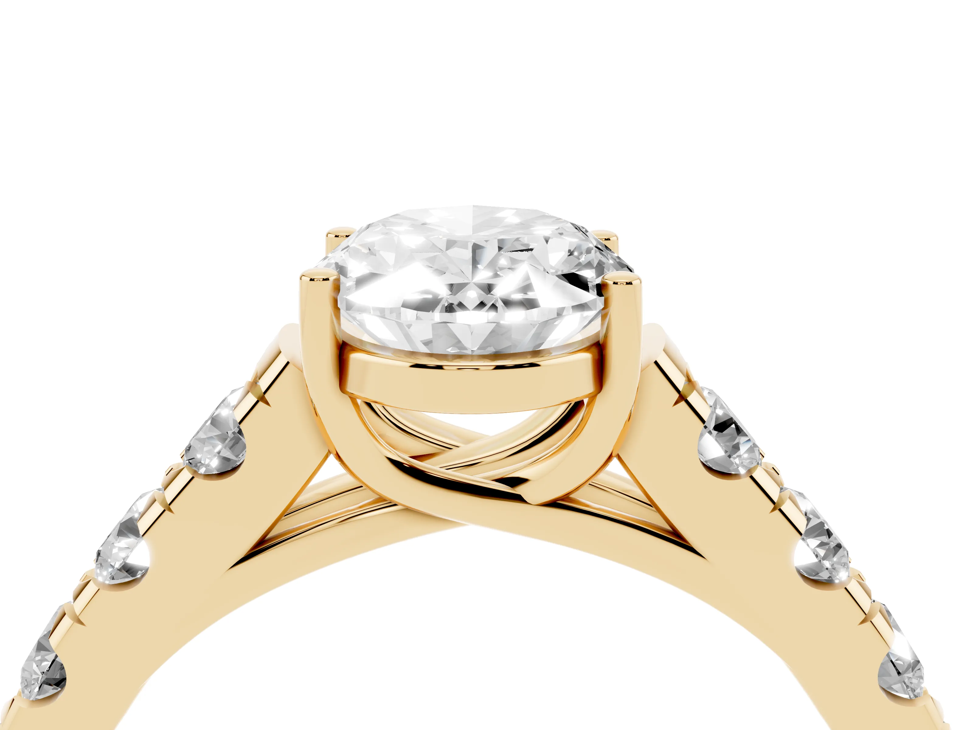 Oval Cut Diamond Solitaire Ring Set in Yellow gold with Cut-Down Micro Pavé Band and Prong Setting