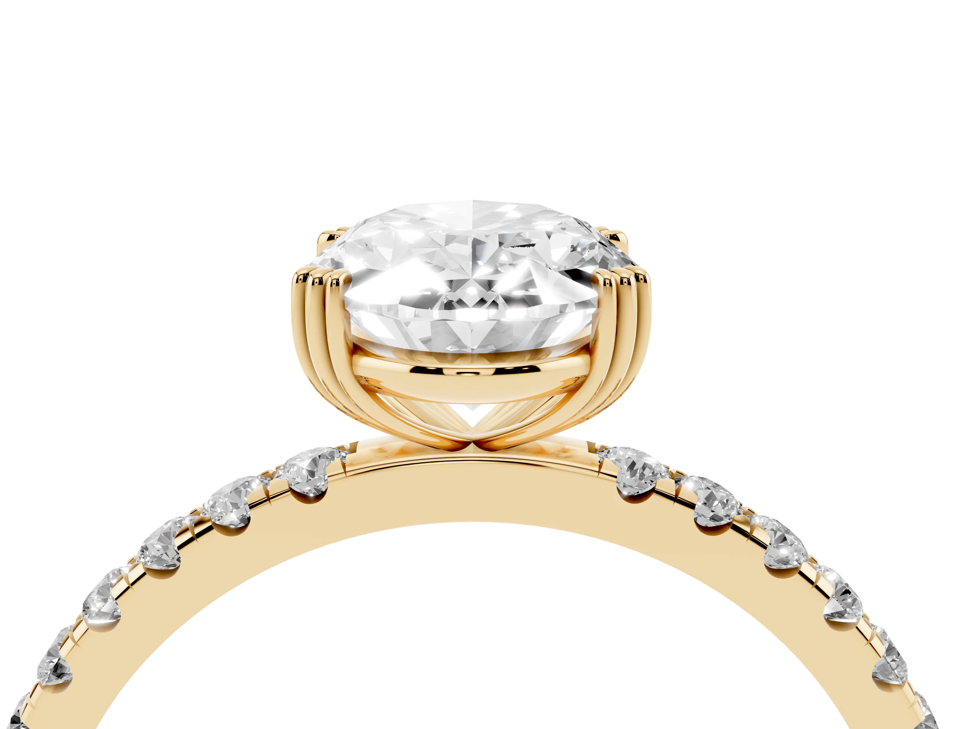 Oval Cut Diamond Brilliant Solitaire Set in Yellow gold with Pavé Band and Claw Prong Setting