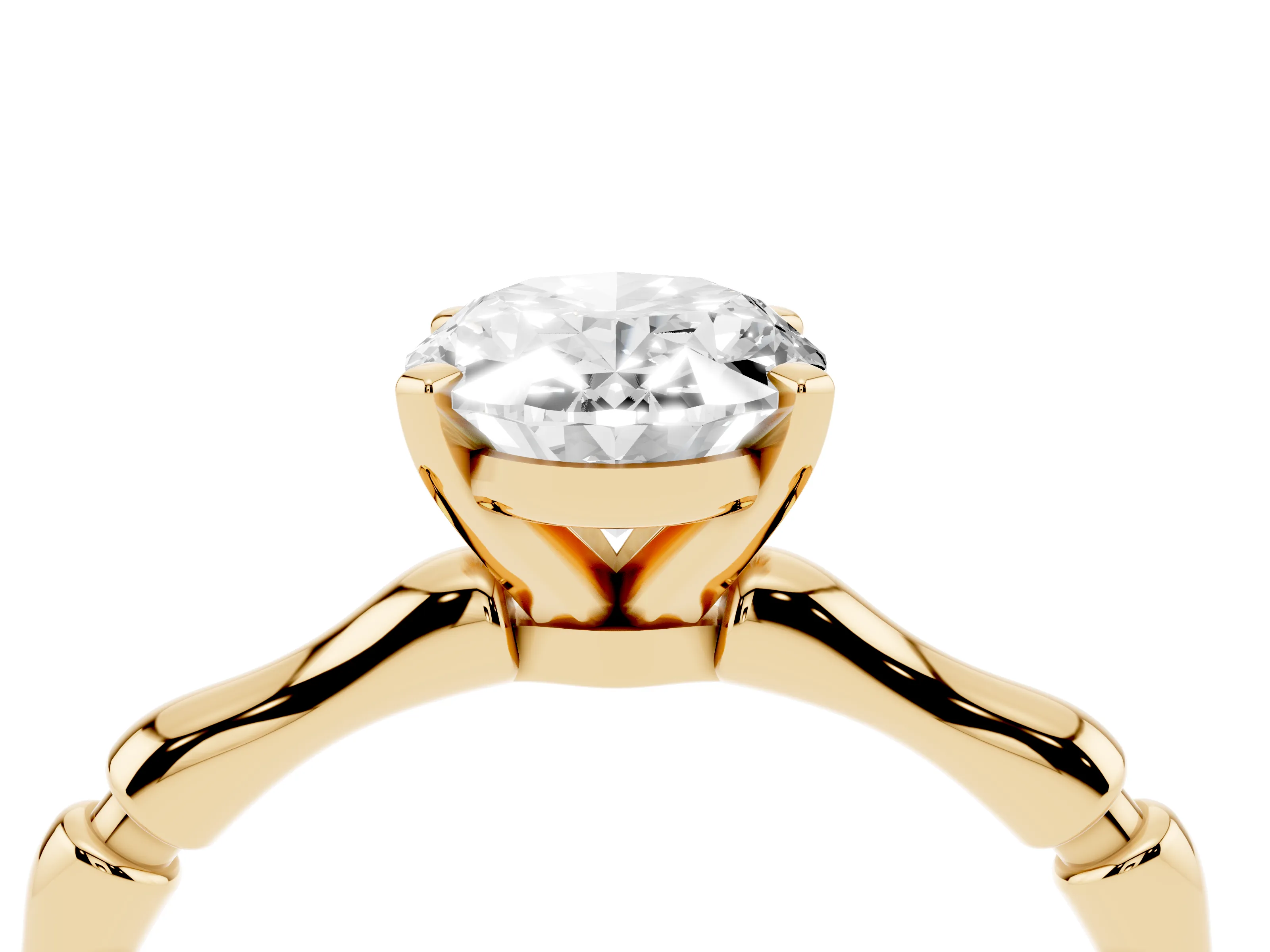 Oval Cut Diamond Solitaire Ring Set in Yellow gold with Bamboo Band and Prong Setting
