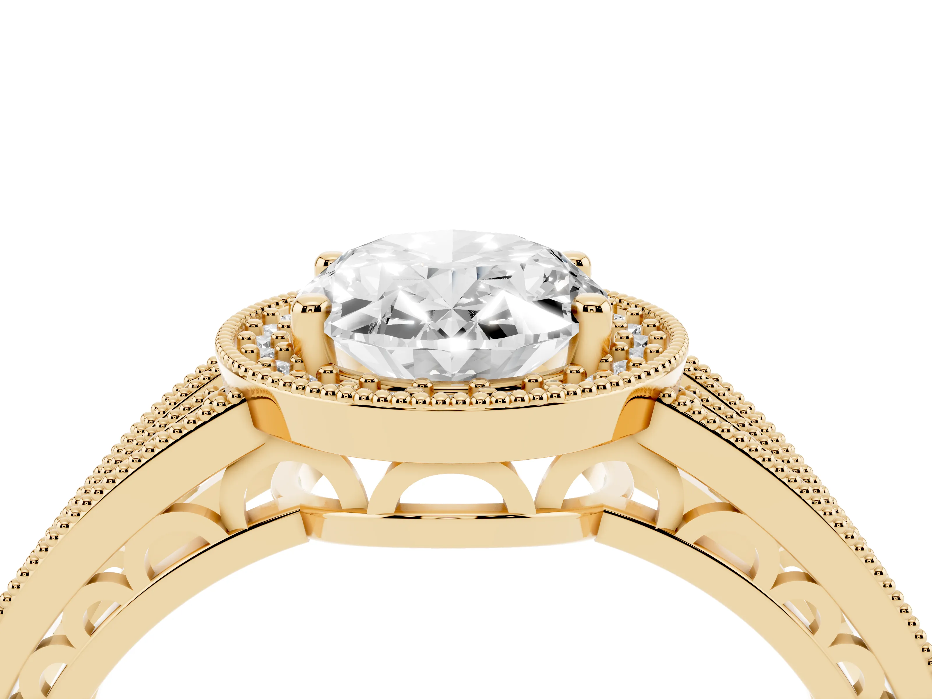 Oval Cut Diamond Halo Ring Set in Yellow gold with Accent Split Shank and Prong Setting