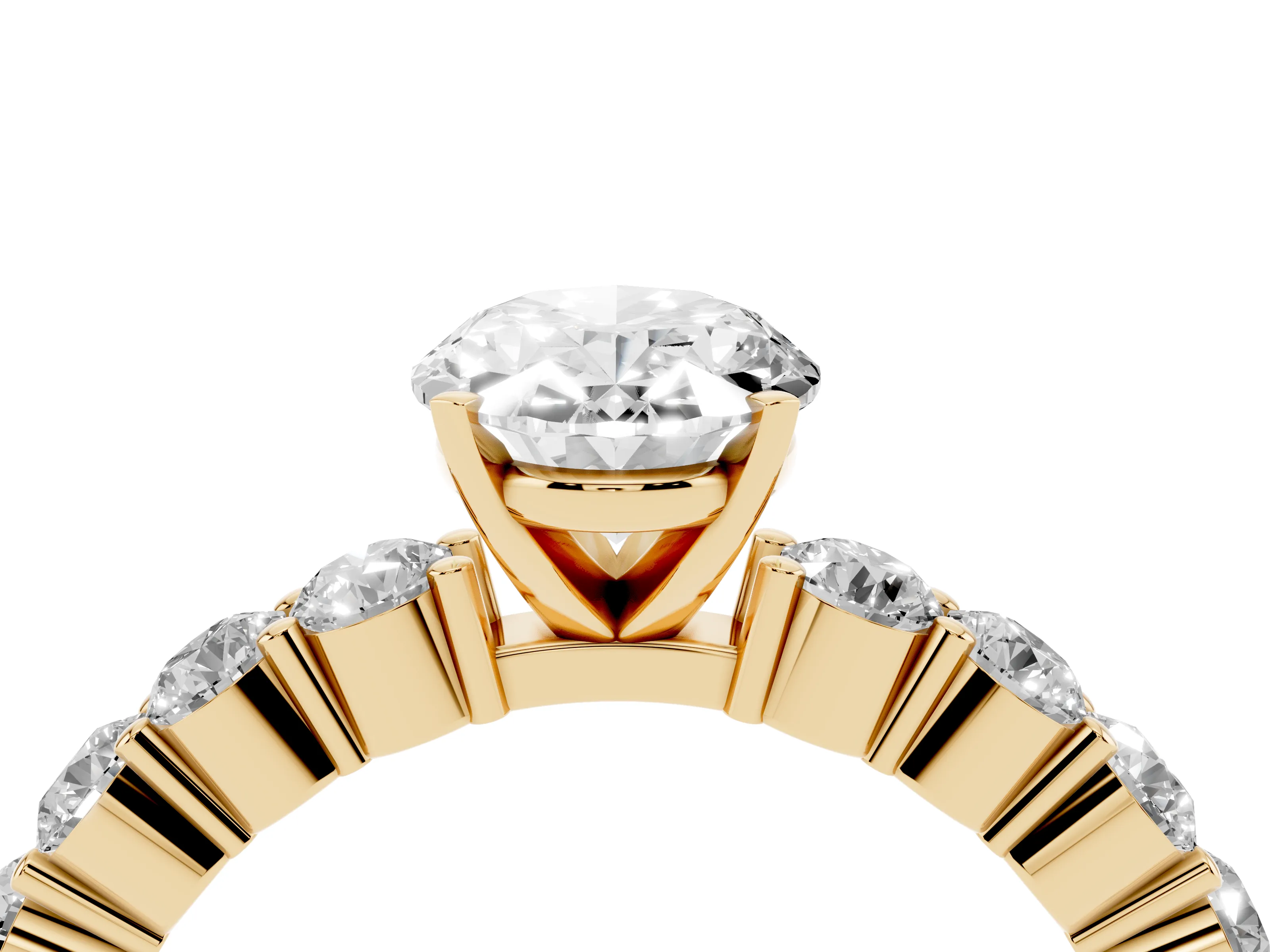 Oval Cut Diamond Solitaire Ring Set in Yellow gold with Shared Prong Round Side Stones