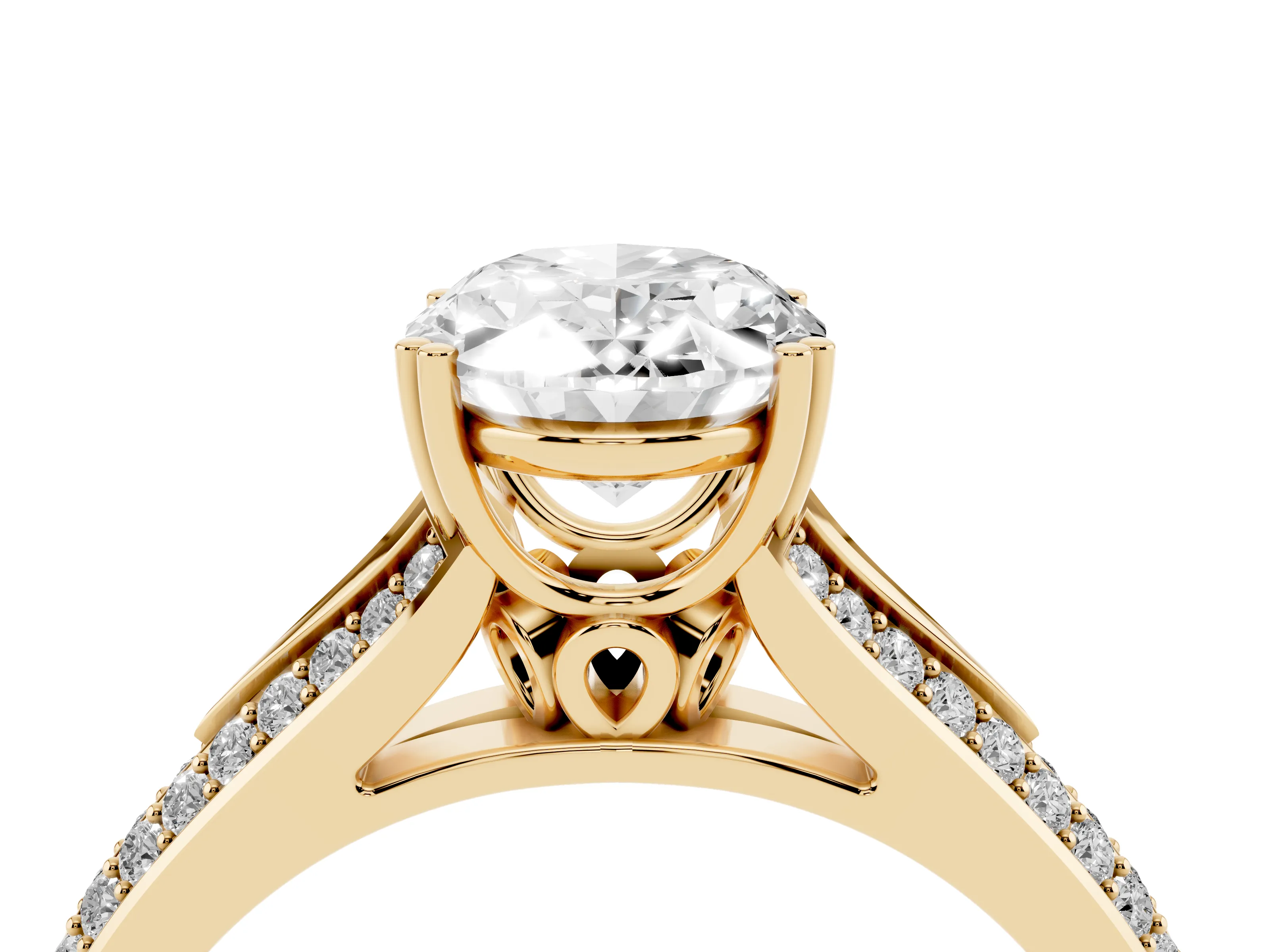 Oval Cut Diamond Split Shank Pavé Engagement Ring Set in Yellow gold with Prong-Set Center Stone