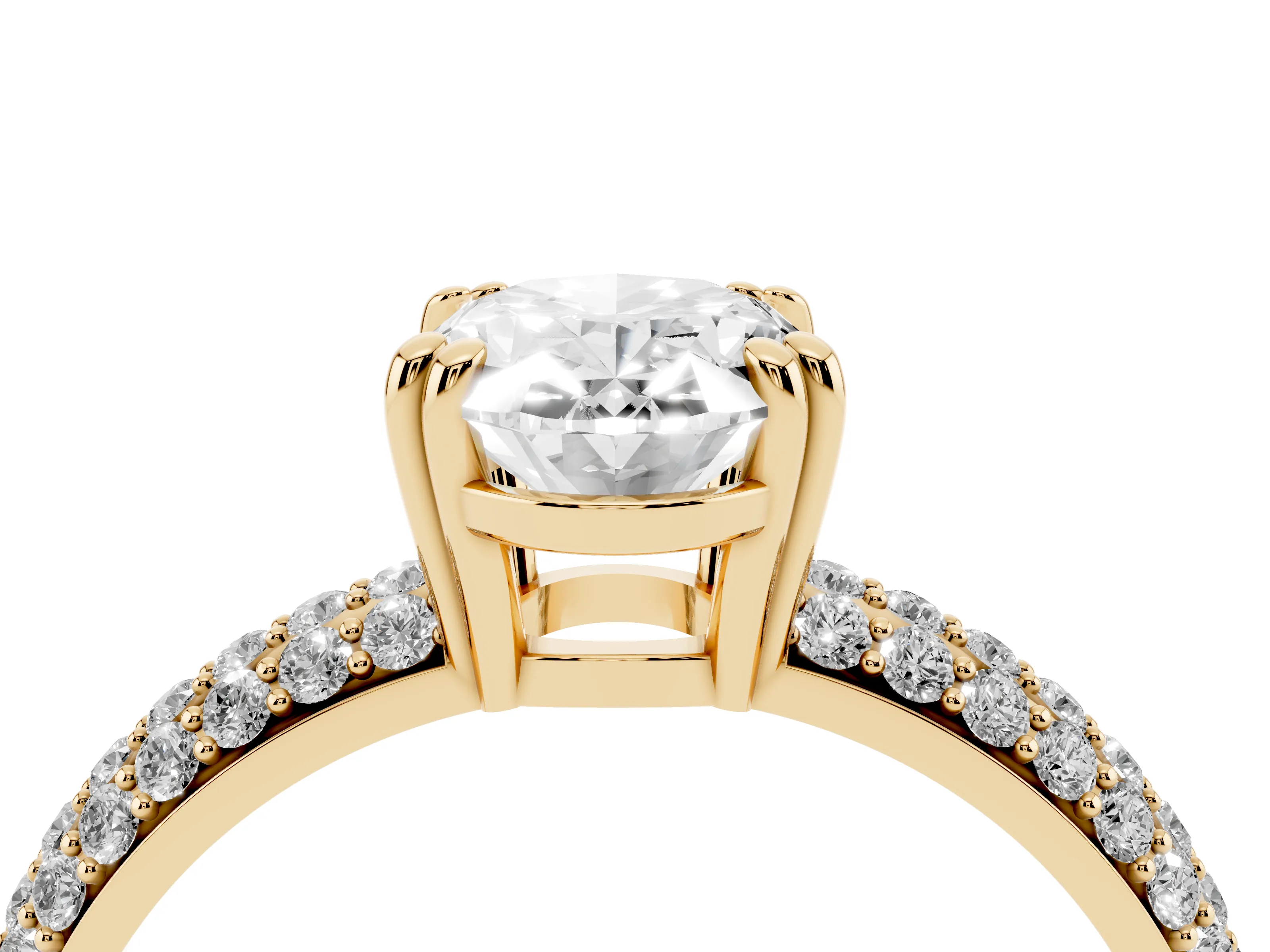 Oval Cut Diamond Solitaire Ring Set in Yellow gold with Multi-Row Round Pavé Band and Prong Setting