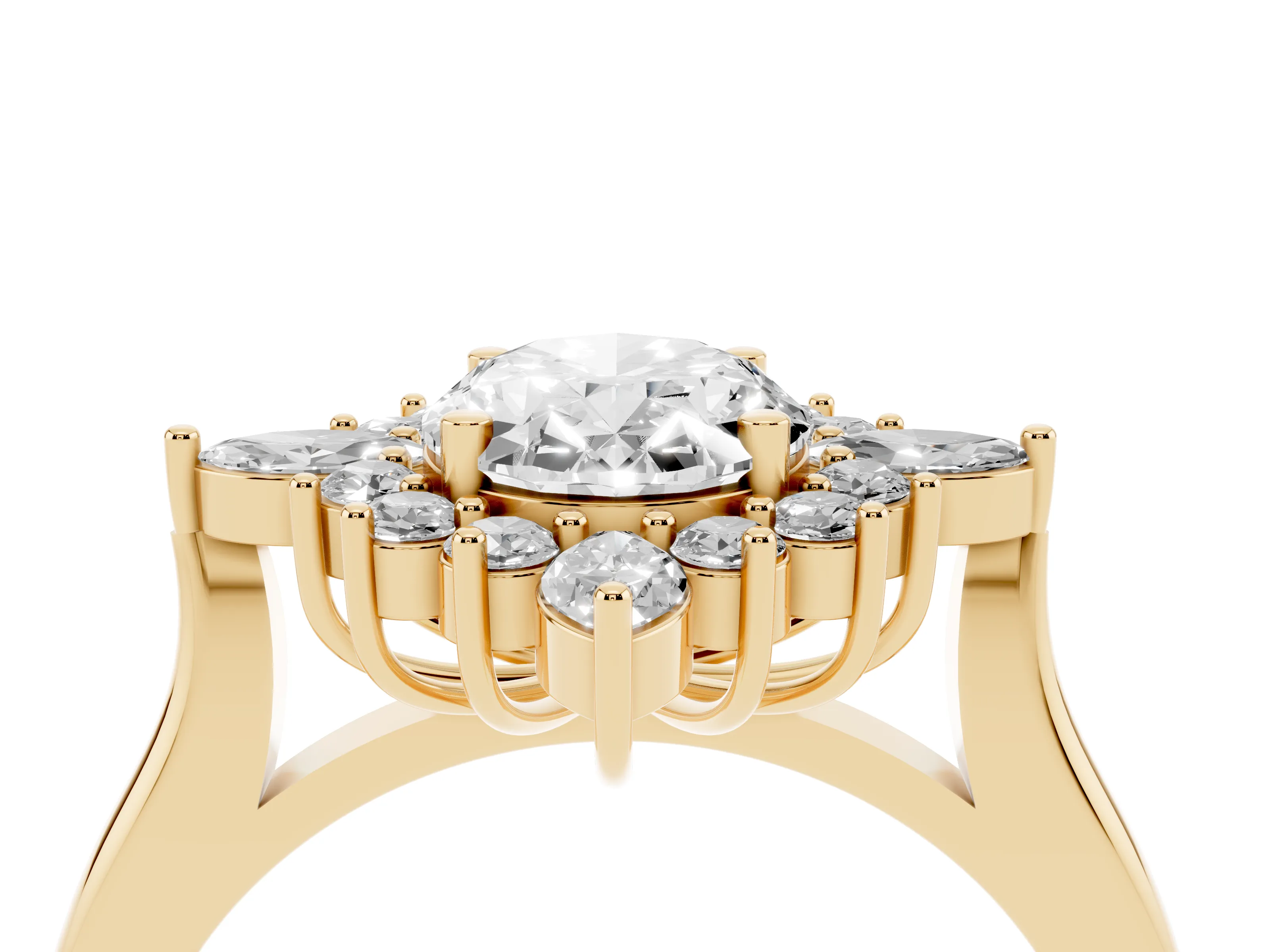 Oval Cut Diamond Cluster Halo Ring Set in Yellow gold with Marquise and Round Accents
