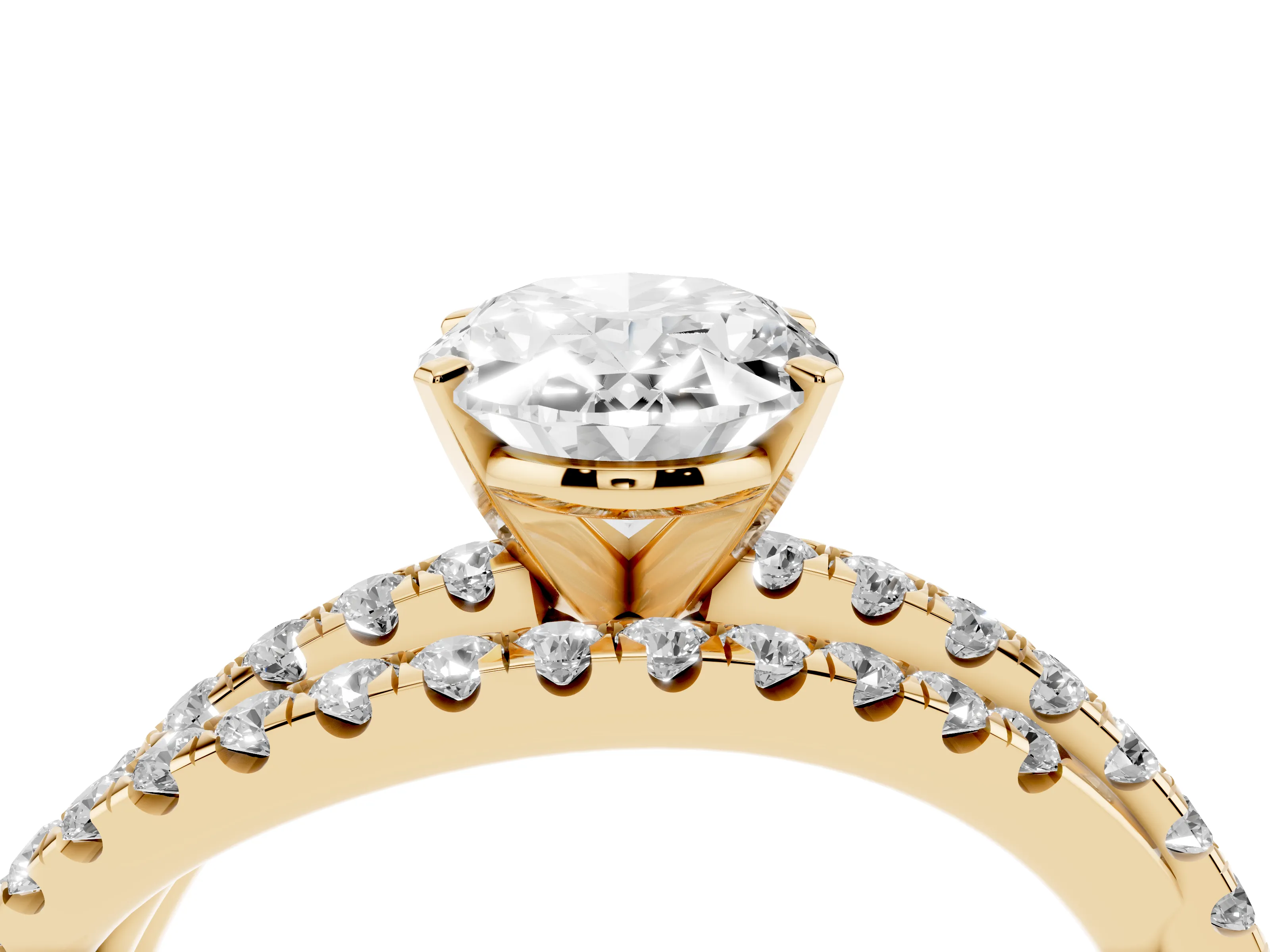 Oval Cut Diamond Solitaire Twist Band Ring Set in Yellow gold with Pavé Setting and Prong Head